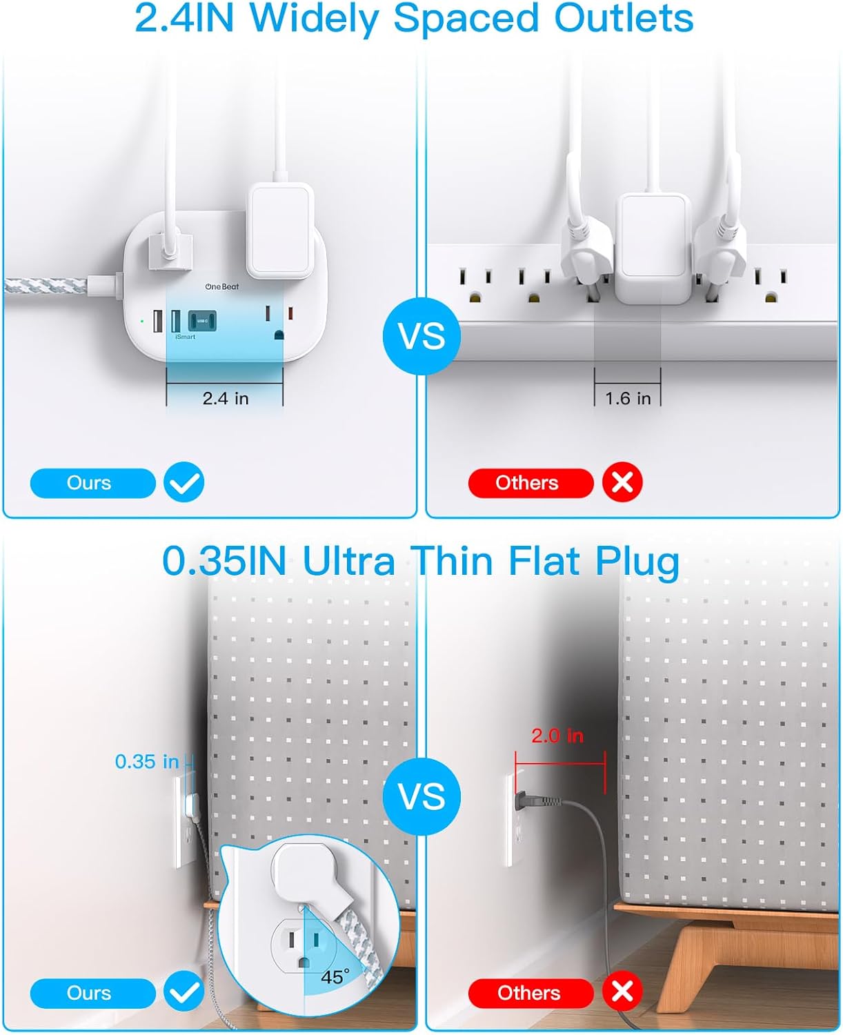 One Beat | Travel Power Strip with USB-C Ports - 3 Outlets & 4 USB Ports, 5 ft Extension Cord for Cruise & Dorm Room