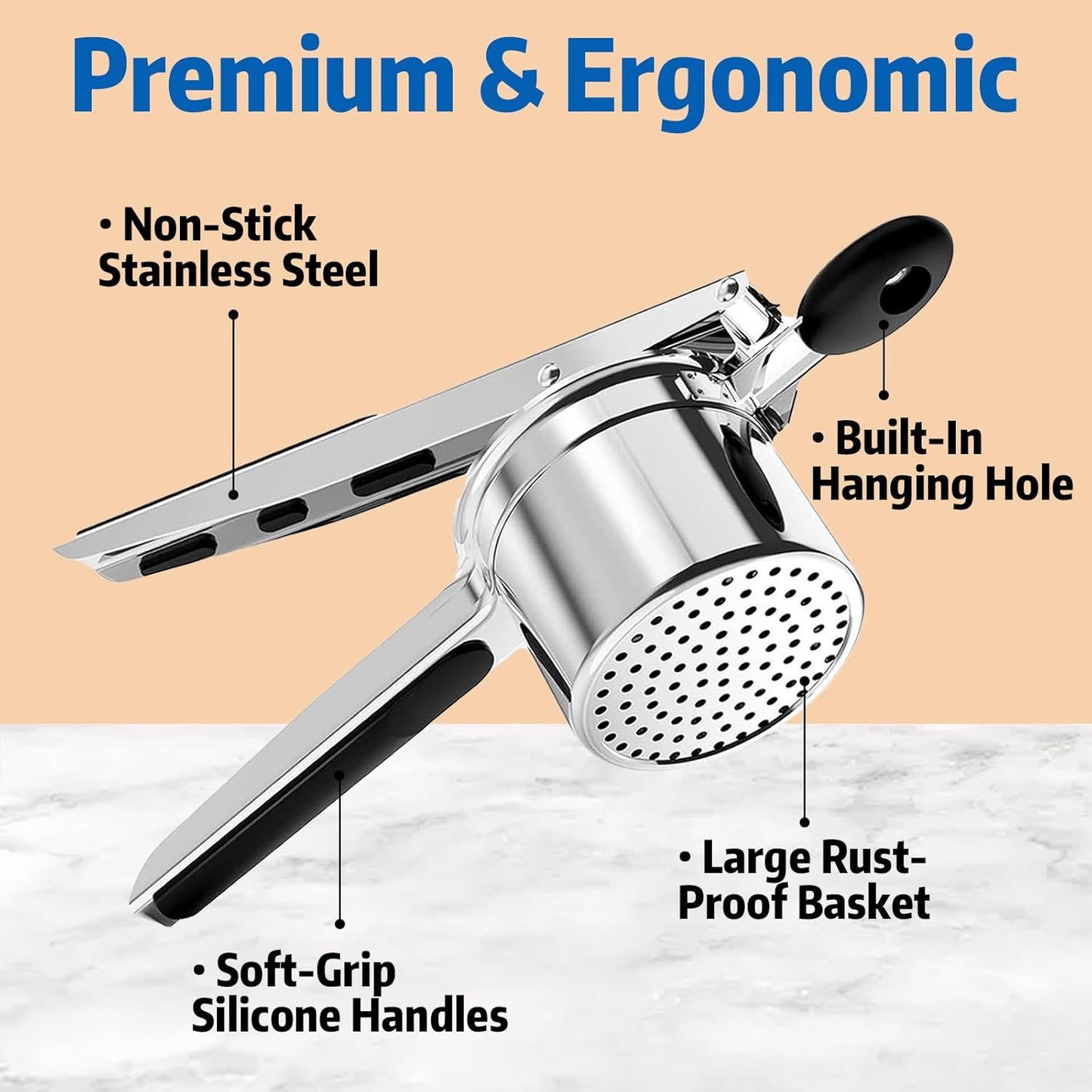 Skiennix 15 oz Stainless Steel Potato Ricer - 3 Interchangeable Plates, Dishwasher Safe for Perfect Mashed Potatoes & Baby Food