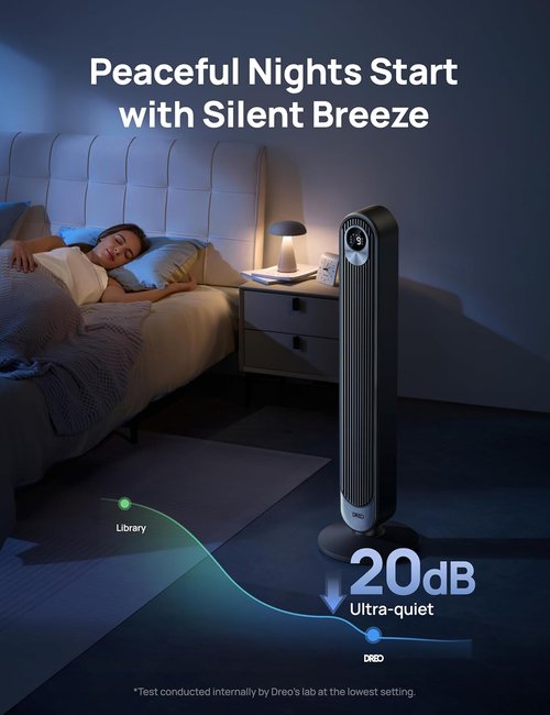 DREO Bladeless Tower Fan - Quiet 20dB Oscillating Design with Remote | 9 Speeds, 12H Timer, 42 Inch