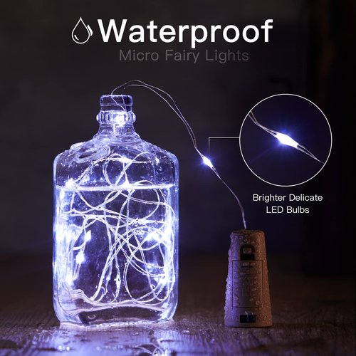 Brightown Wine Bottle Lights with Cork, 10 Pack 20 LED Waterproof Battery Operated Cork Lights, Silver Wire Mini Fairy Lights for Liquor Bottles DIY Party Christmas Wedding Décor, Pure White