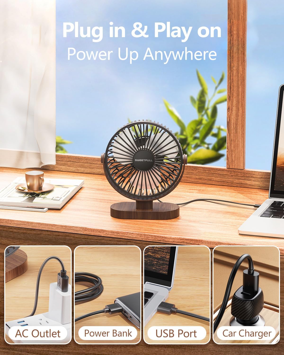 Sweetfull USB Small Desk Fan - 3-Speed Quiet Portable Mini Fan | 360° Adjustable for Home, Office & Travel - Black Wood Grain