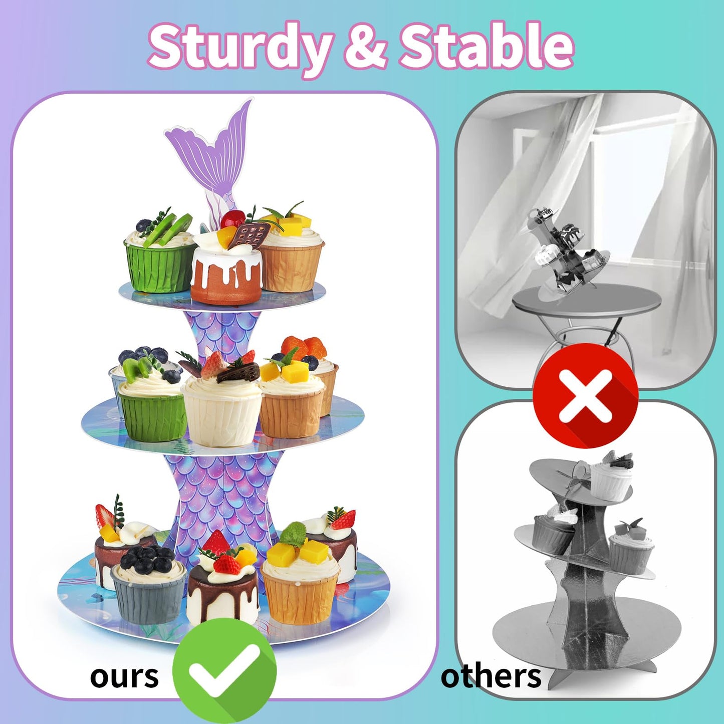 WINKIO Mermaid Cupcake Stand, Little Mermaid Birthday Party Decorations Supplies Favor Under the Sea Theme Cupcake Tower Holder for Girls Kids(1 Pack)