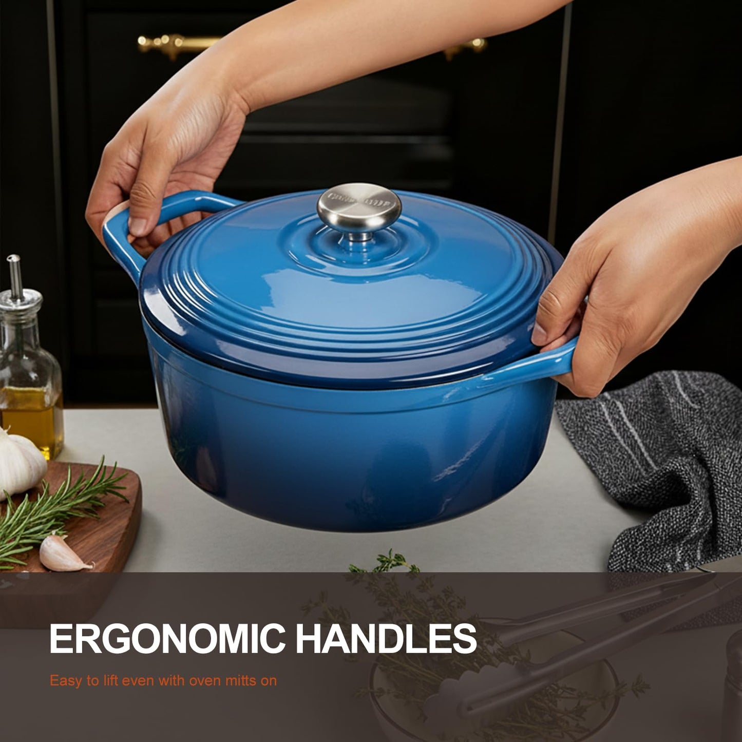 Overmont Enameled Cast Iron Dutch Oven - 5.5QT Pot with Wide Handles Lid Cookbook & Cotton Potholders - Heavy-Duty Pre-Seasoned Cookware Oven Safe to 500°F for Braising, Stews, Roasting, Sourdough Baking