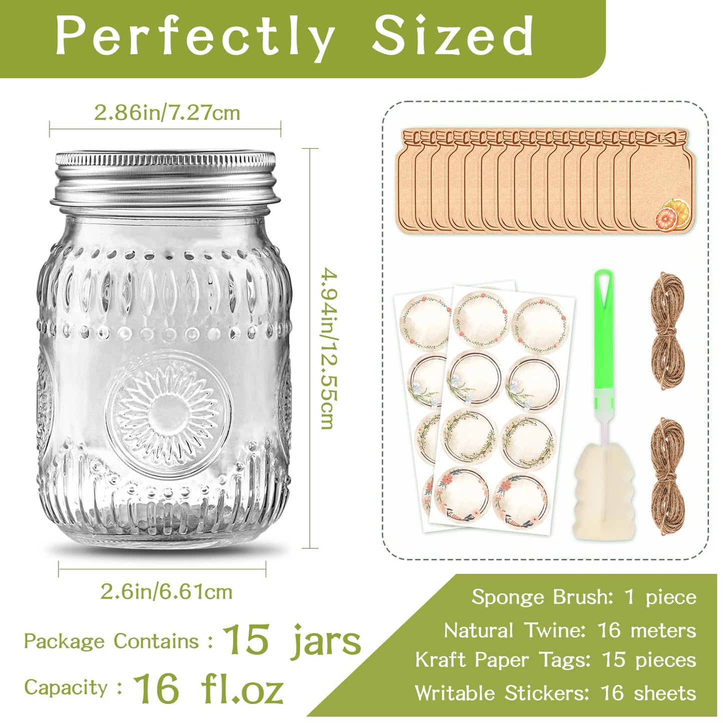 16oz Glass Mason Jars with Embossed Pattern, 15-Pack Pint Canning Jars with Airtight Lids for Fermenting,Overnight Oats,Pickling,Preserving,Ideal for Centerpieces,DIY Crafts,or Wedding Favors