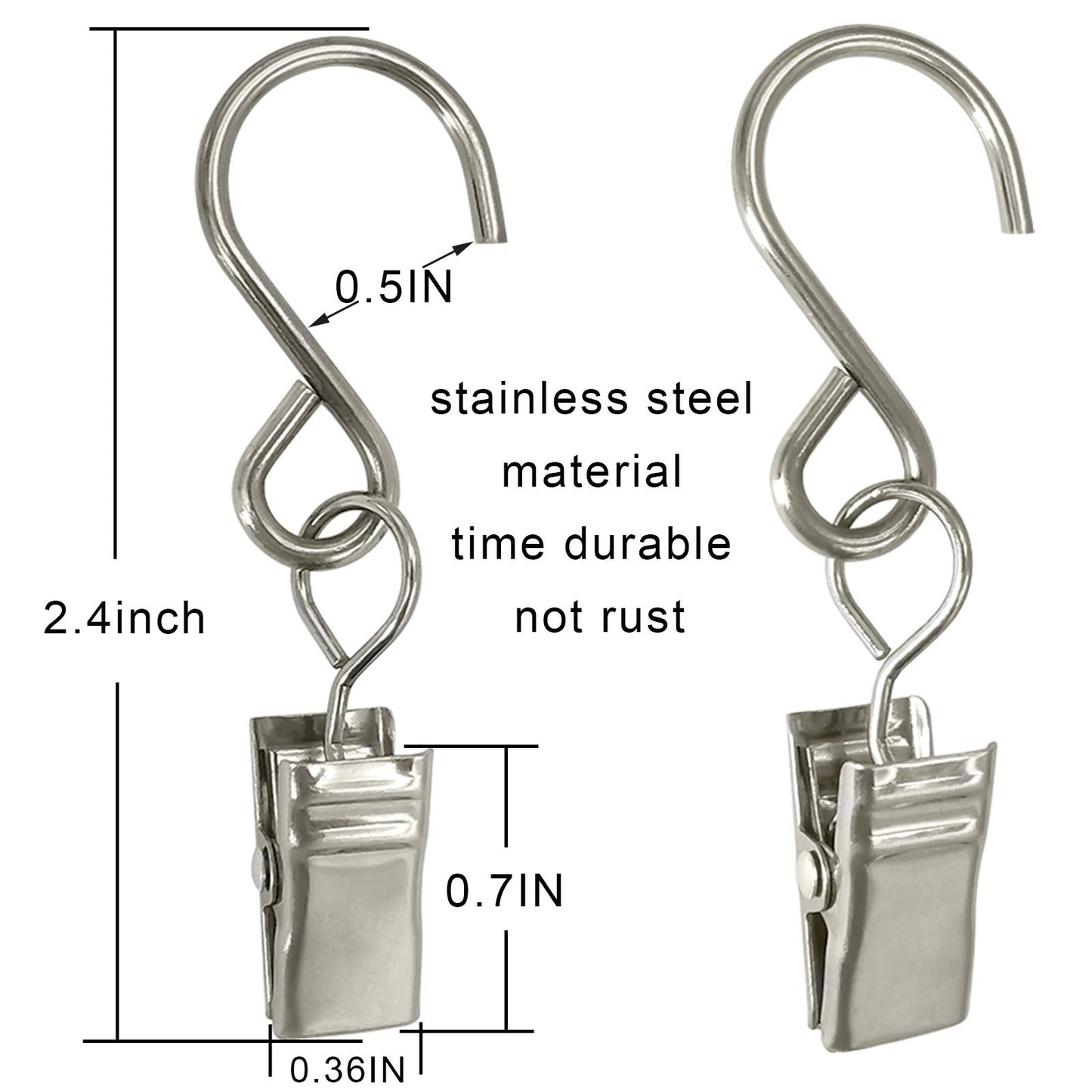 AMZSEVEN Stainless Steel S Hooks Curtain Clips, 50 Pack Hanging Party Lights Clips, Hangers Gutter Photo, Art Craft Display, 2.4 Inch Long, Silver