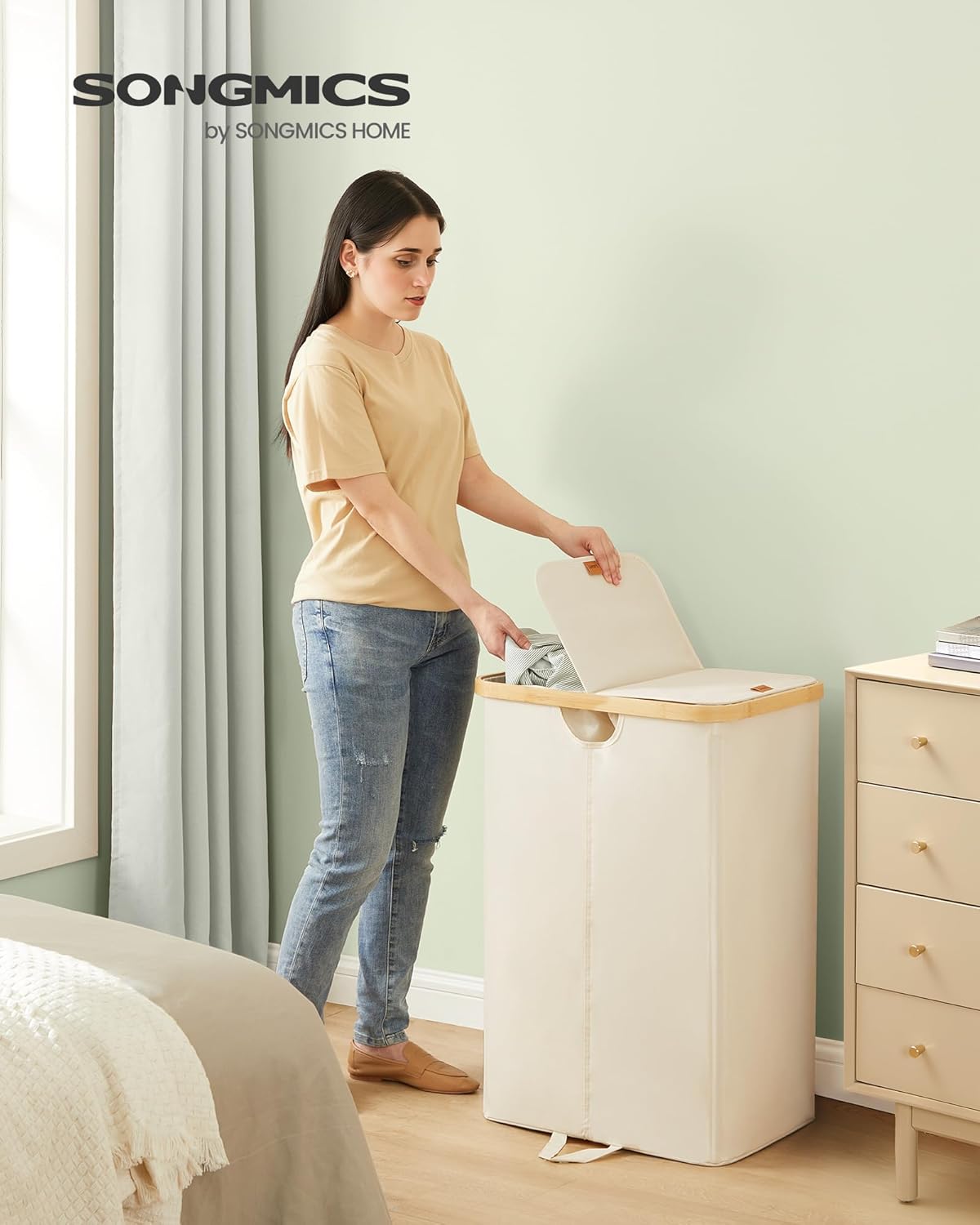 SONGMICS Laundry Hamper - 39 Gal. Dual Compartment Basket with Removable Liner - Cream White & Light Bamboo