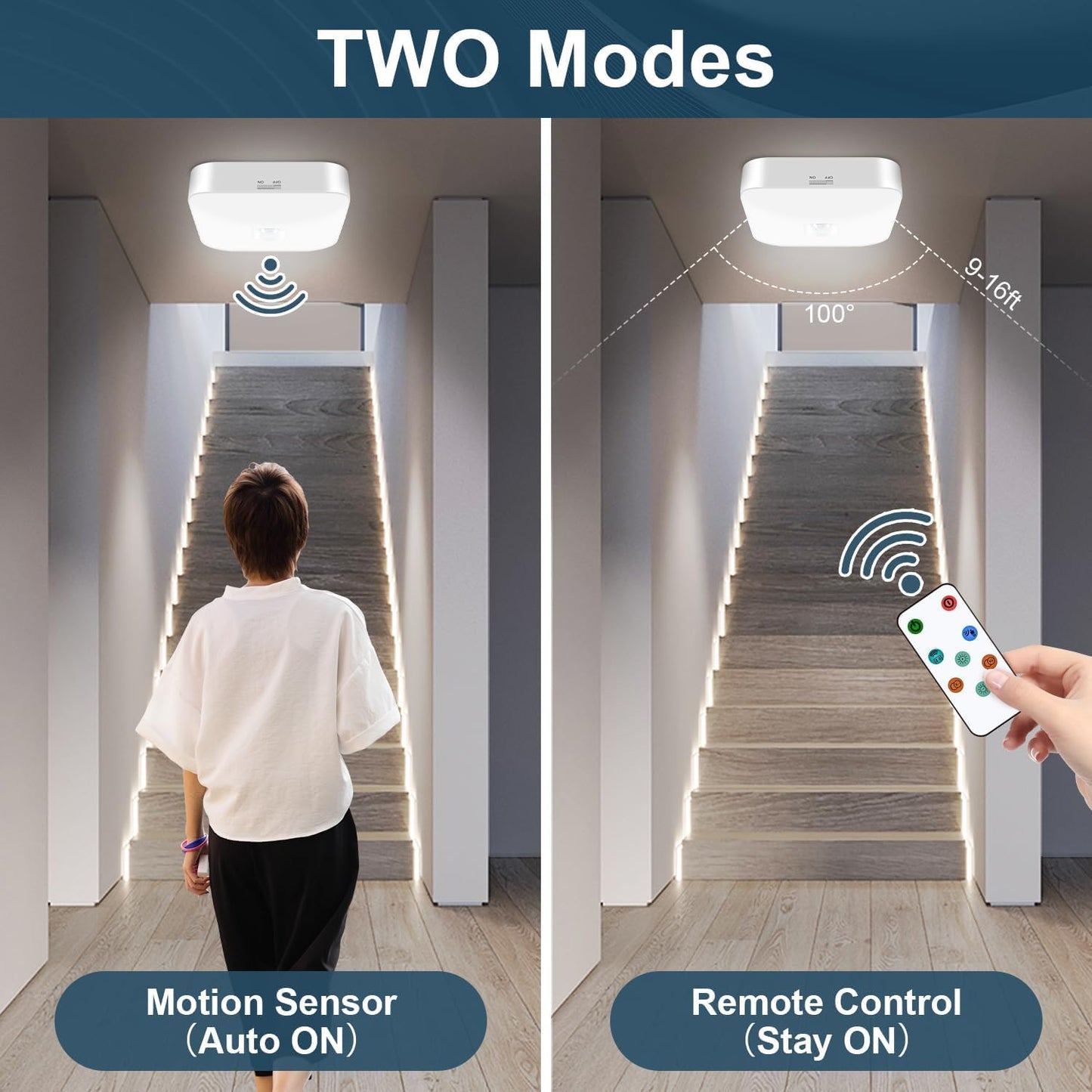 Motion Sensor Rechargeable Ceiling Light Indoor/outdoor with Remote, Wireless Battery Operated Rechargeable Sensor Light for Closet, Garage, Hallway, 3000K-6000K Battery Powered Shower Lights, 2 Pack