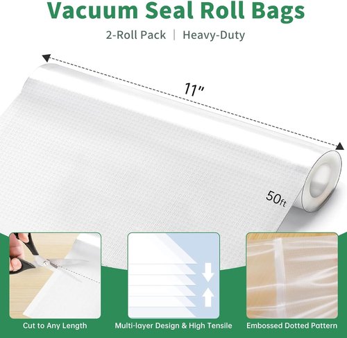 Aotto Vacuum Sealer Bags - 2 Rolls of 11" x 50' BPA-Free Commercial Grade Food Storage Bags