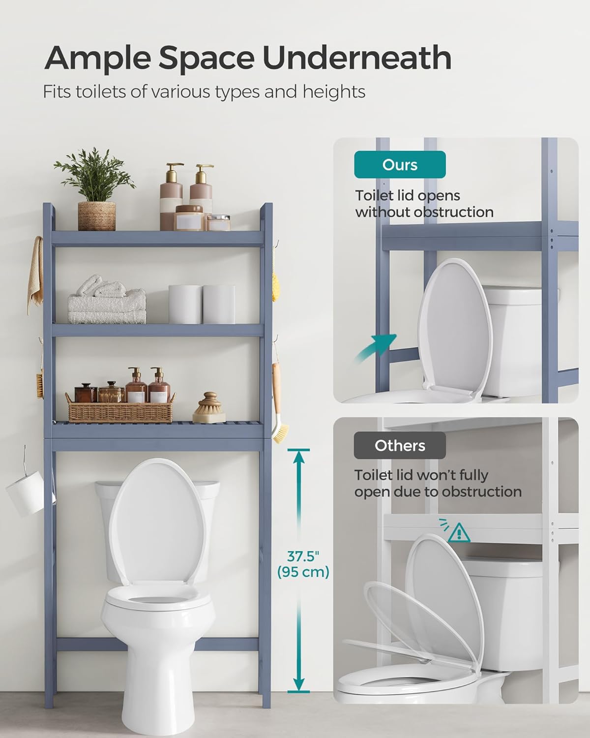 SONGMICS Over The Toilet Storage - 3-Tier Bathroom Organizer with Adjustable Shelf | Space-Saving Gray, 10.2 x 24.8 x 66.9 Inches