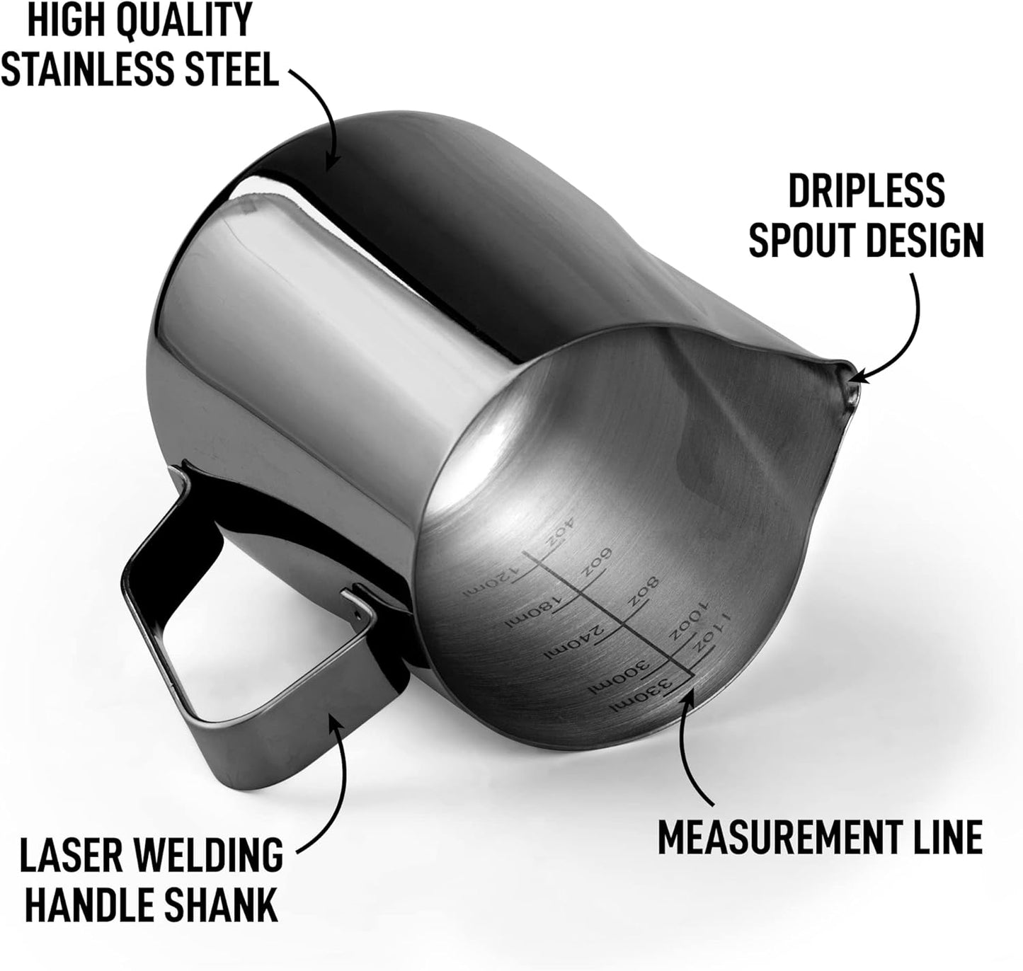 Zulay Milk Frother Cup - Stainless Steel Frothing Pitcher with Laser-Welded Handle | 350ml (12oz) Black