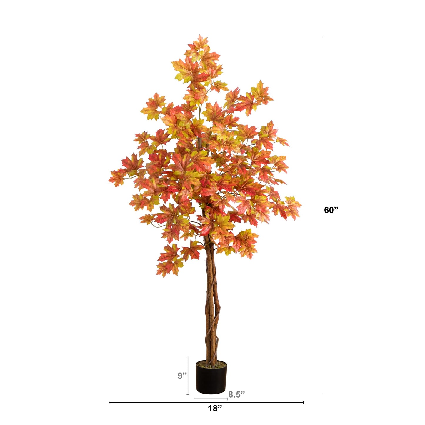 Nearly Natural 5-FT Deluxe Autumn Artificial Maple Tree, Faux Fall Décor for Home, Decorations for Fall, Autumn, Thanksgiving, and Halloween with Black Nursery Pot