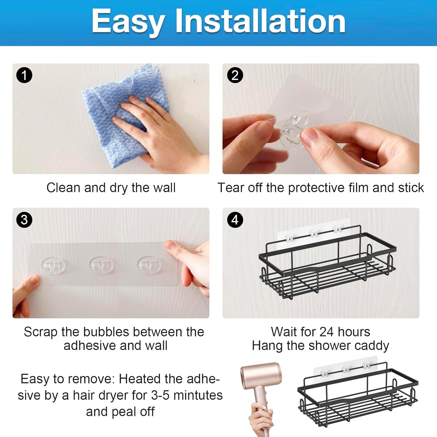 Skiennix Shower Caddy Adhesive Hooks - Strong Waterproof Adhesive for Organizers | 14 Pcs Mix Hooks