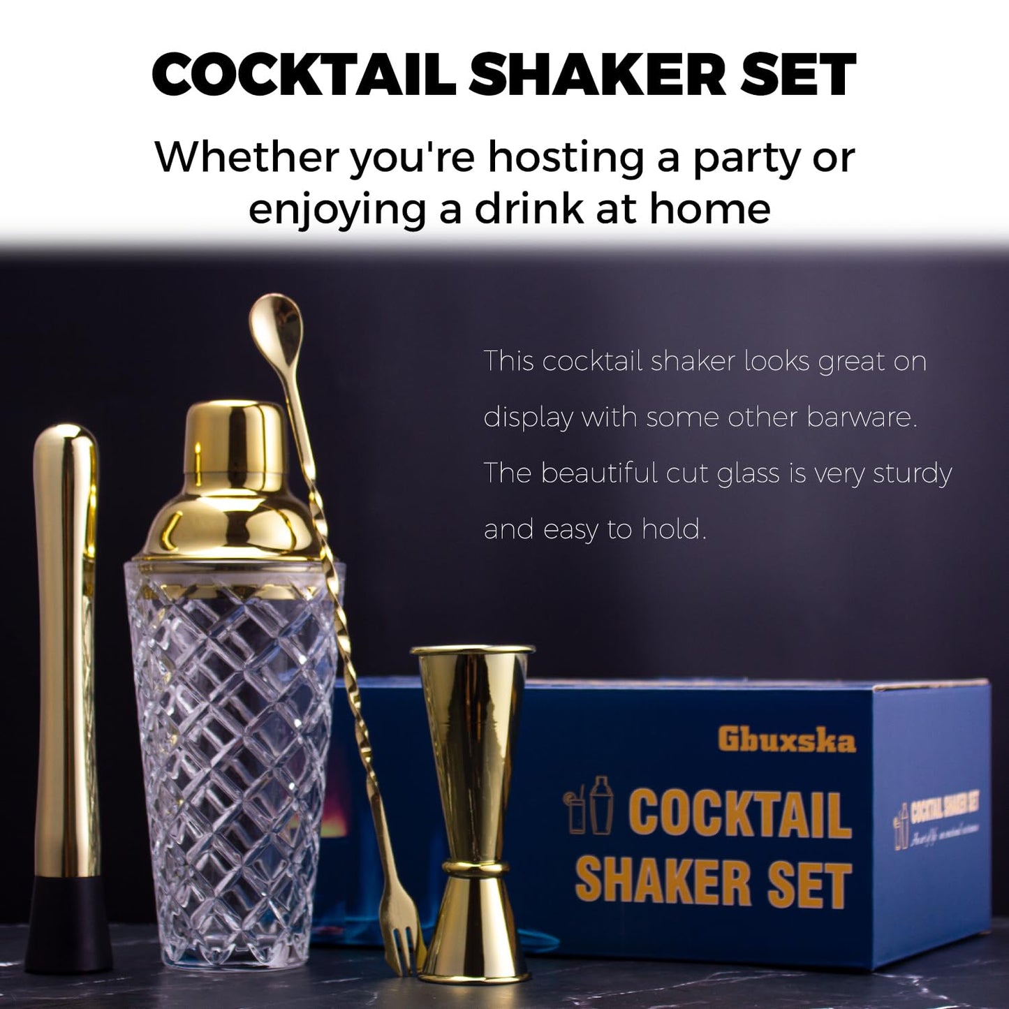 Gbuxska Gold Cocktail Shaker Set - Premium Glass Bartender Kit with Measuring Jigger, Mixing Spoon, and Muddler