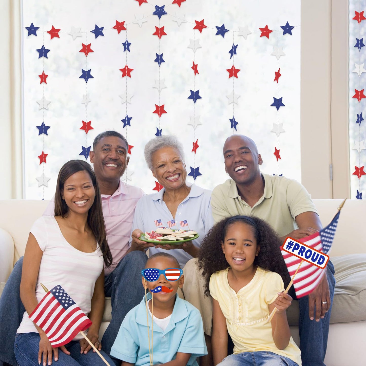 Patriotic Star Garland Banner Streamers Red White and Blue - 59 FT 6 Strands - Patriotic Decorations for 4th of July, Independence Day, Labor Day, Veterans Day, Memorial Day