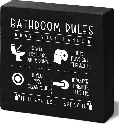 Funny Restroom Sign by Rustic Home Decor - Black Wooden Box with Bathroom Rules | Perfect Gift for Thanksgiving & Christmas