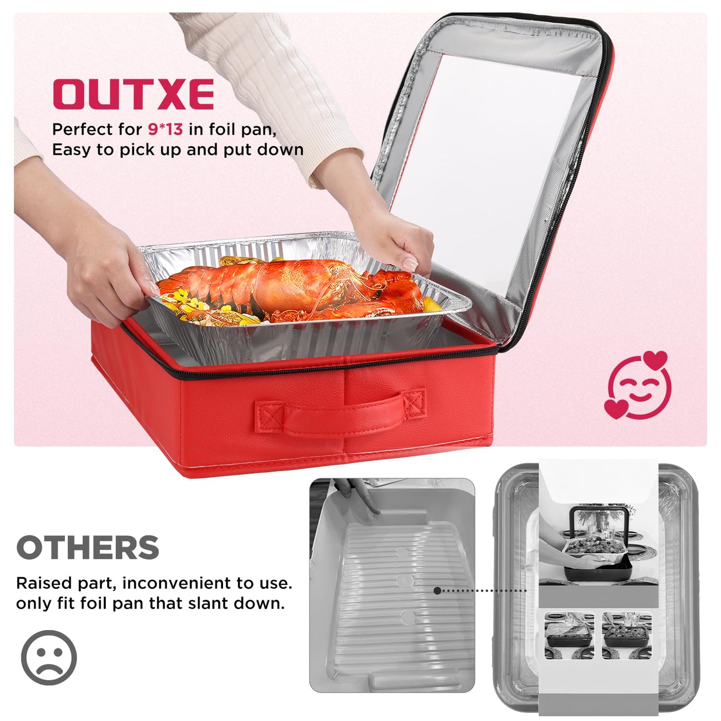 OUTXE 2 Pack 9x13 in Foil Pan Carrier with Lid, PU Leather Foil Pan Holder with Handle, Serving Tray for Food, Stackable Aluminum Pan Holder, for Travel, Potlucks, Parties, BBQ, Picnics, Home (Red)