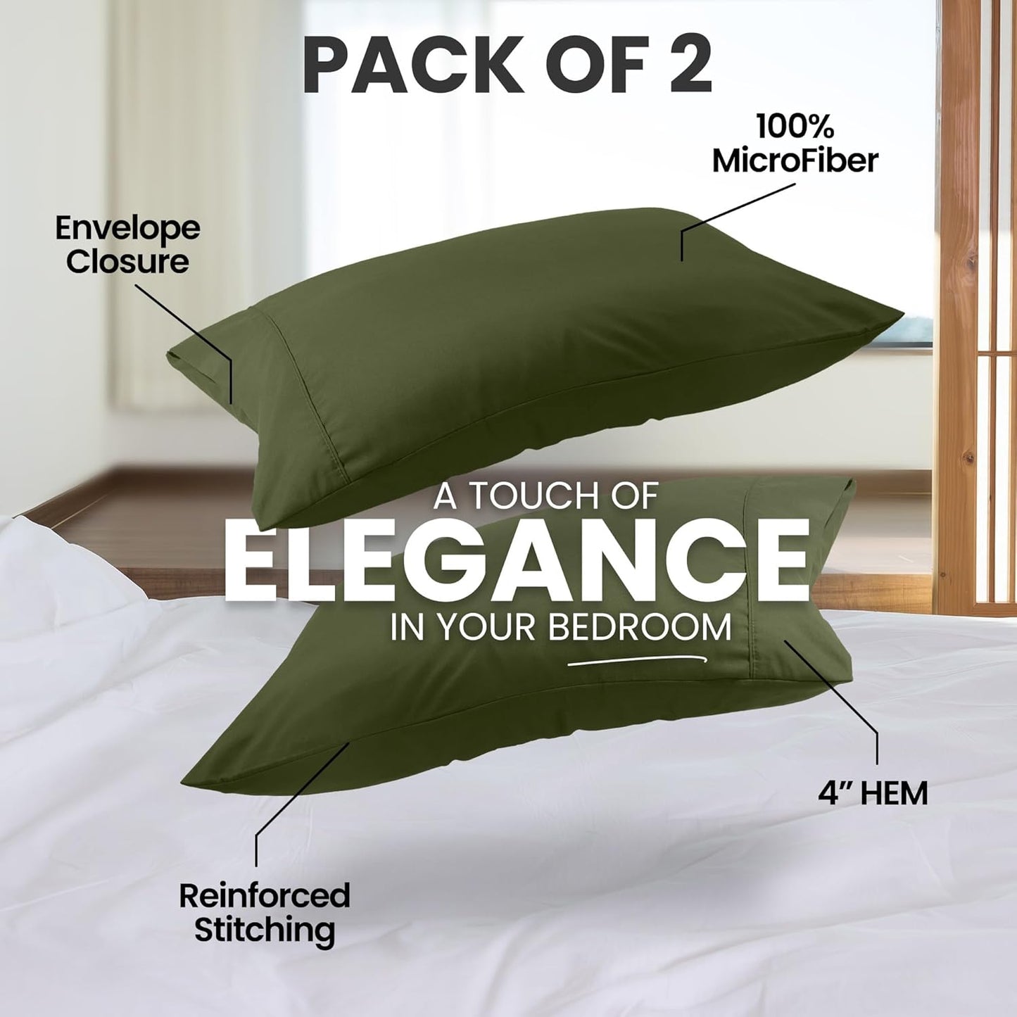 Utopia Bedding Queen Pillow Cases - Soft Brushed Microfiber - 2 Pack, Olive | Fade Resistant 20 x 30 Inches