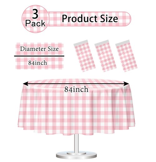 HEIPINIUYE 3 Pack Pink and White Round Checkered Tablecloth 84 × 84 Pink Plaid Table Cover Disposable Tablecloth for Round Tables Party Picnic Camping Birthday Plastic Gingham Table Cloth