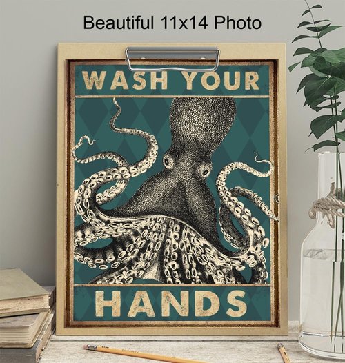 Beach Coastal Nautical Bathroom Wall Art - Octopus Wash Your Hands Sign | 11x14 Cute Decor