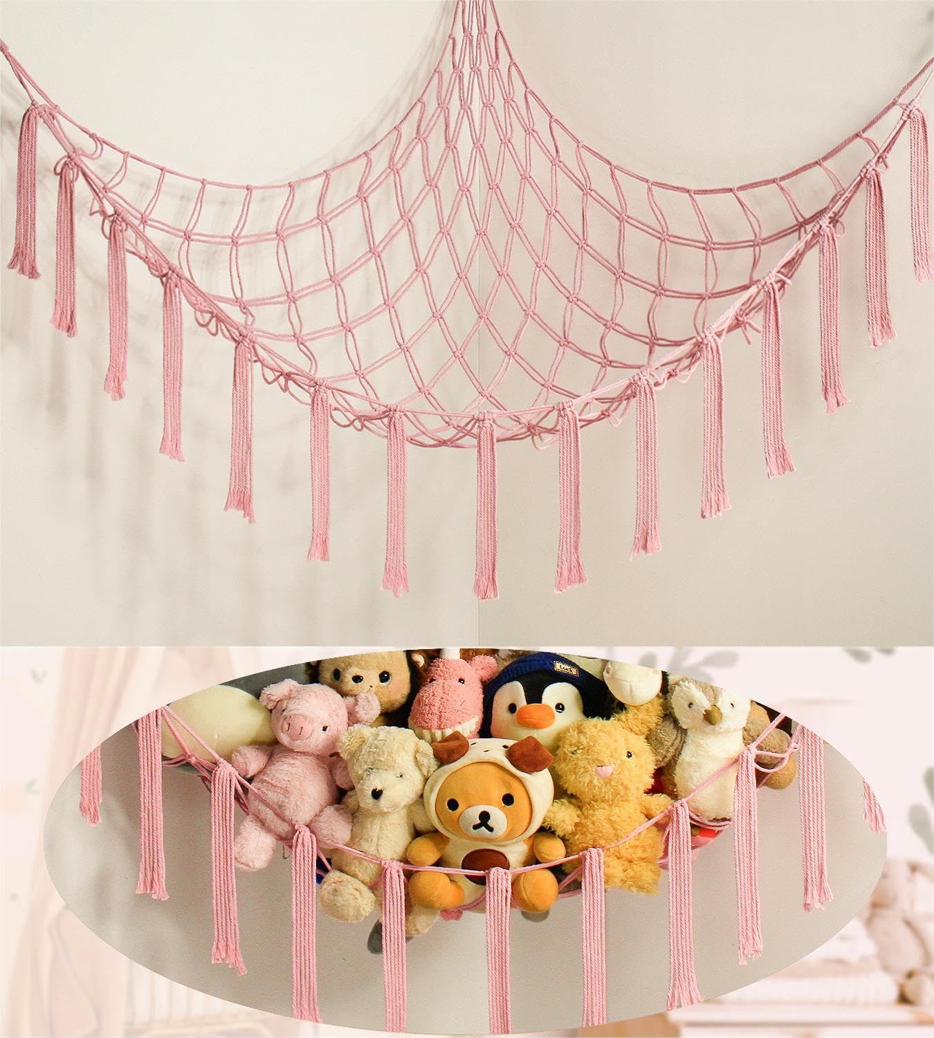 Mirolam Stuffed Animal Storage Hammock - Large Pink Toy Organizer for Nursery Corner Decor