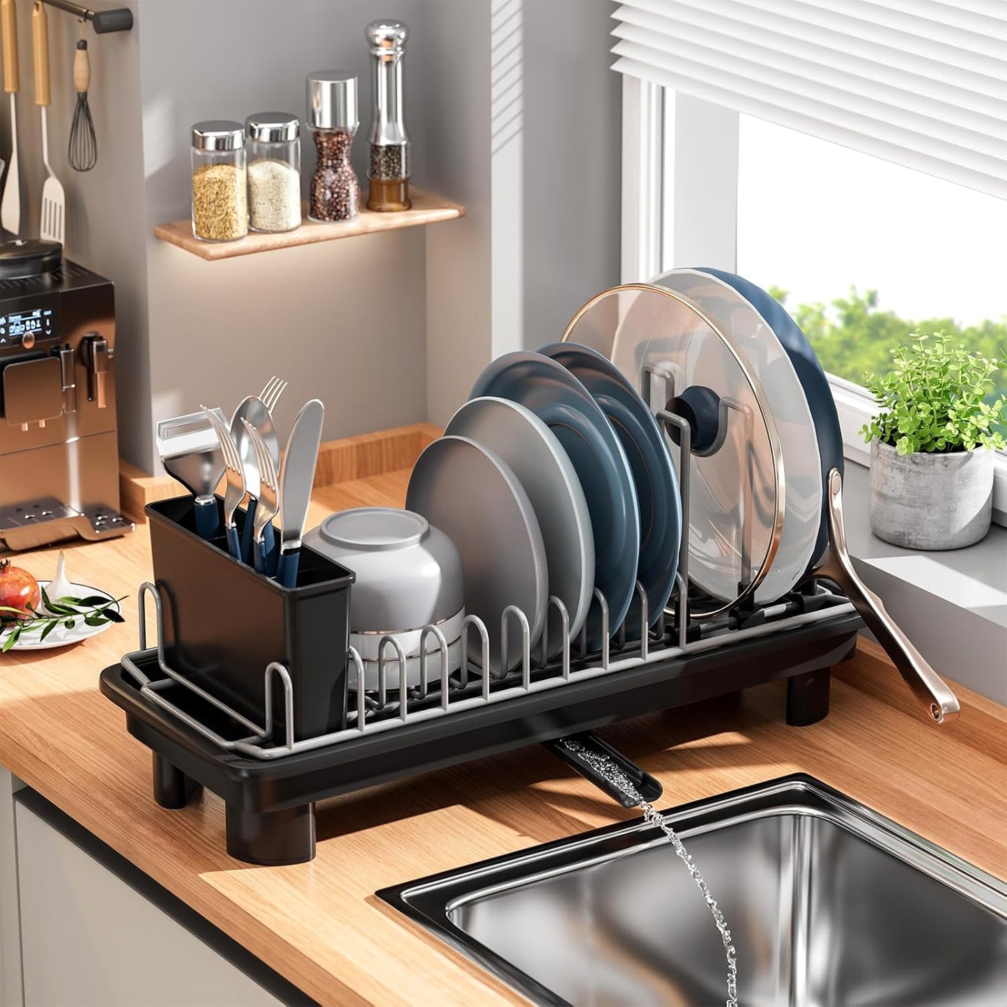 SanDream Small Dish Drying Rack - Stainless Steel with Removable Utensil Holder & Anti-Scratch Base | Space-Saving Design in Black