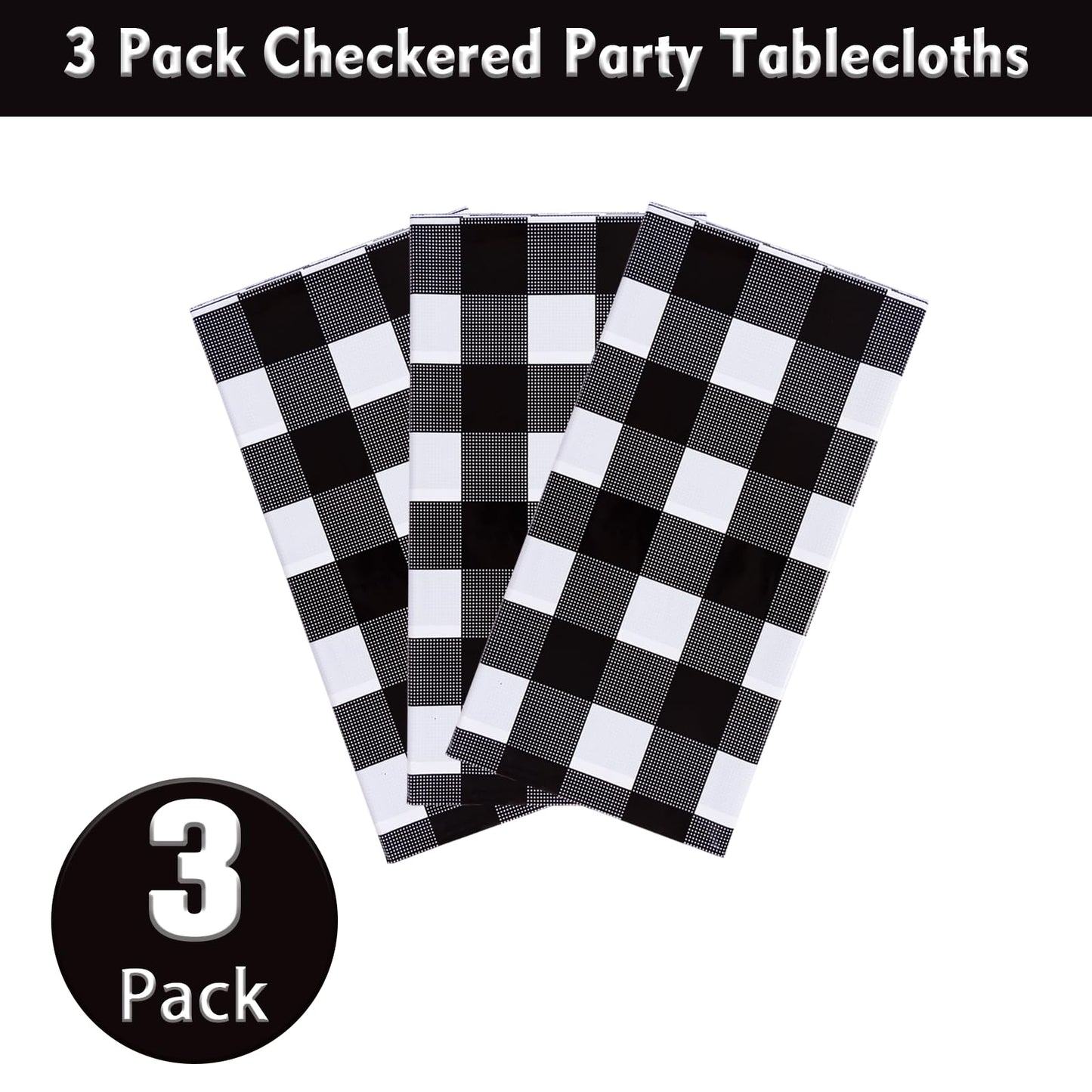 Kesfey 3 Packs Black Gingham Tablecloths 54 x 108 inch Black and White Checkered Tablecloth Disposable Plastic Plaid Picnic Tablecover Waterproof Fall Checkered Table Cloth for Camping Halloween Party