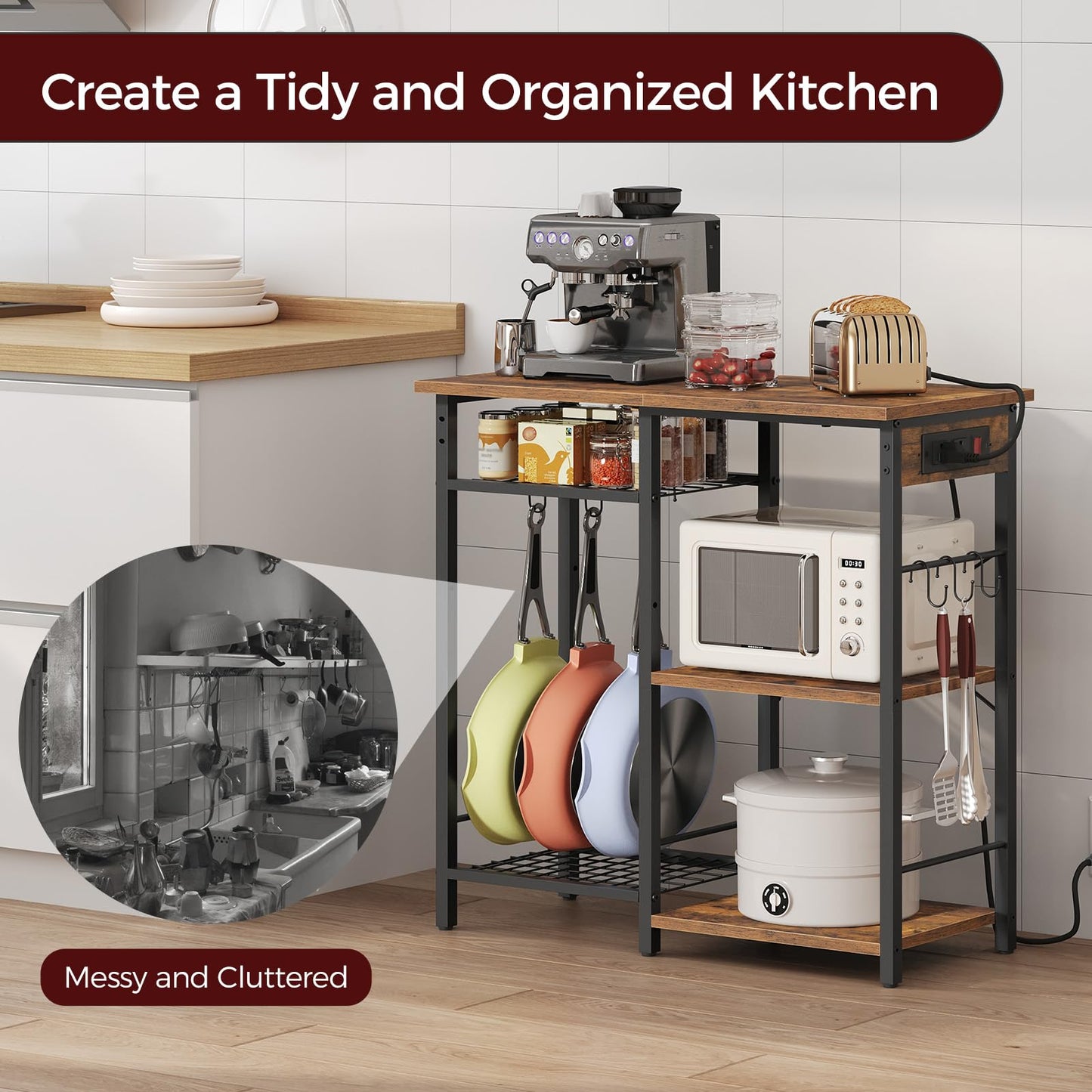 MAHANCRIS Bakers Rack with Power Outlet, Microwave Stand with Adjustable Mesh Rack, Coffee Bar Station, Kitchen Storage Racks with 6 S Hooks, for Kitchen, Dining Room, Rustic Brown and Black BRHR80E01