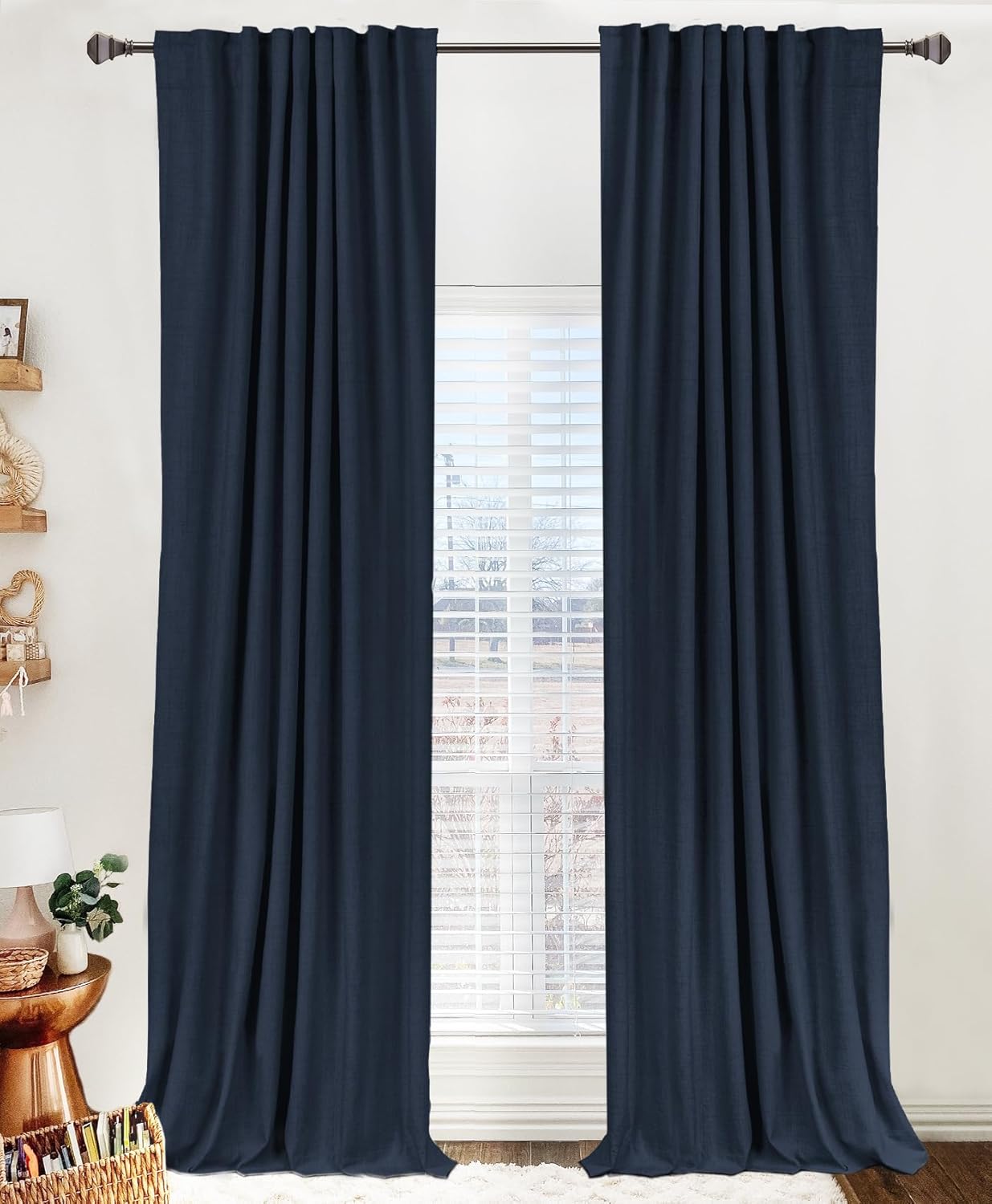 Skiennix 100% Blackout Linen Curtains - Thermal Insulated Drapes, Navy, 50" W x 84" L, 2 Panels Set