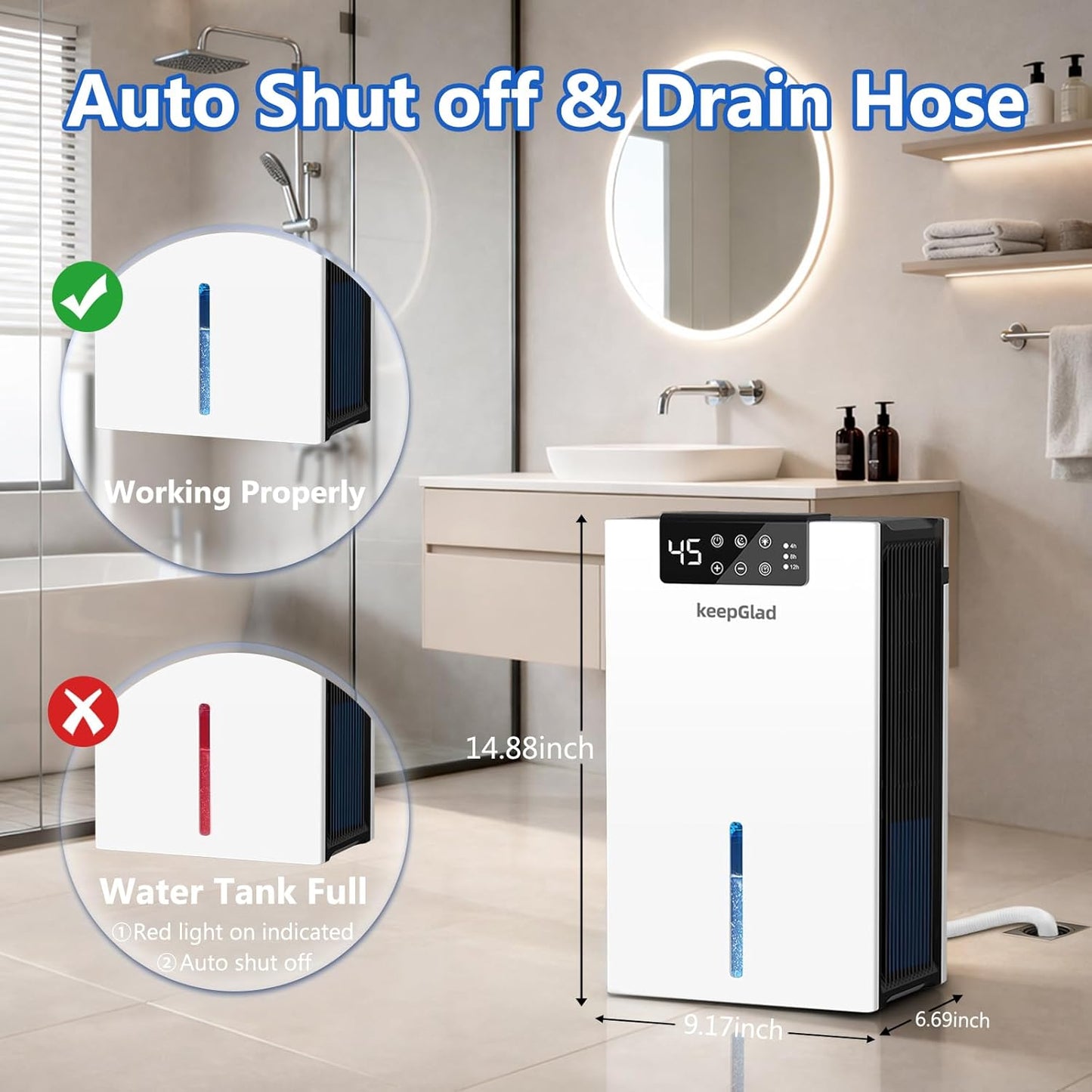 KeepGlad Dehumidifier - 98oz Humidity Control for Home | Auto Shut Off, Washable Filter, 1000 sq.ft, White