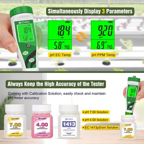 EZTOCH Hydroponic pH EC Meter, Water pH TDS PPM Meter with Simultaneous Display for Reservoir Nutrient Solution, pH EC Meter for Water Hydroponic DWC System Setup, Measure Conductivity for Aquaponics
