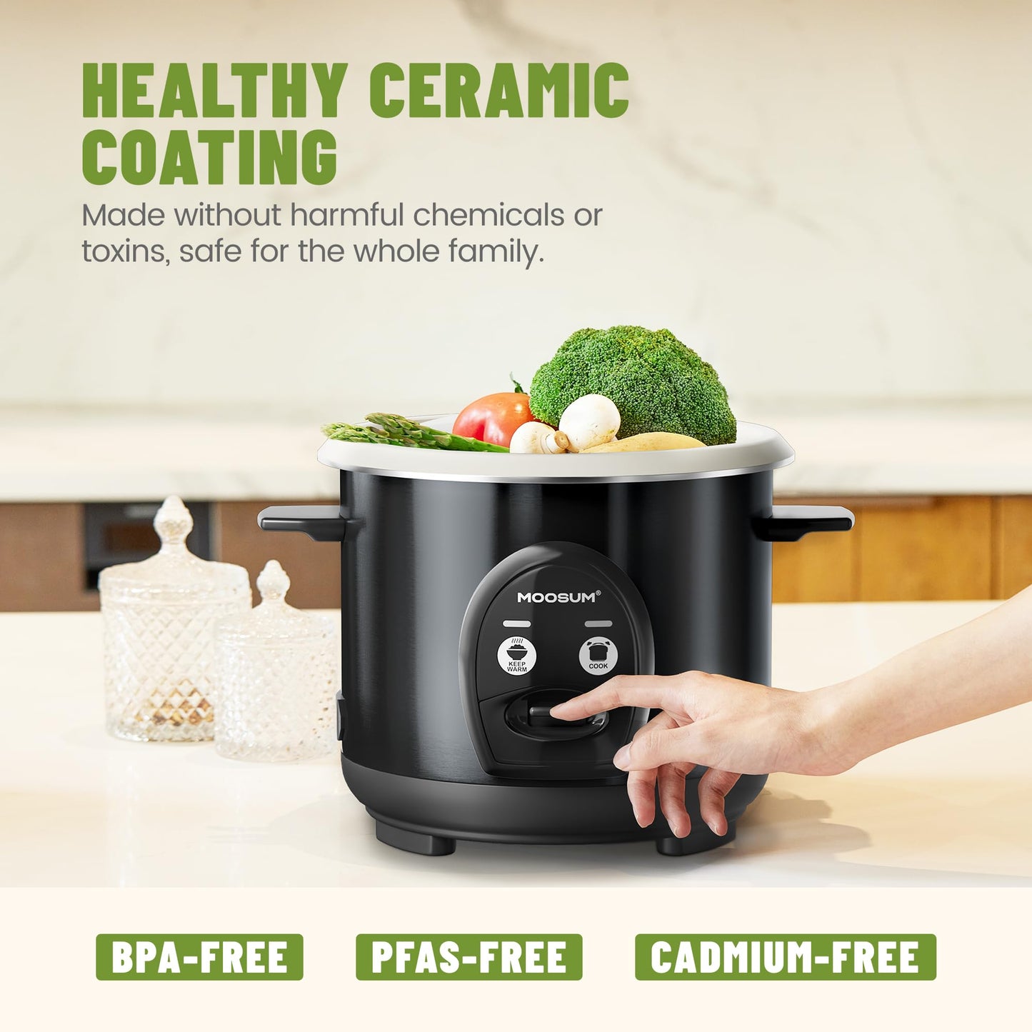 MOOSUM 3-Cup Uncooked Rice Cooker Small - Ceramic Coating Non-Toxic Inner Pot, One-Touch Multifunction for Rice/Sauté/Yogurt, Dishwasher Safe, 1-3 People Size, Black