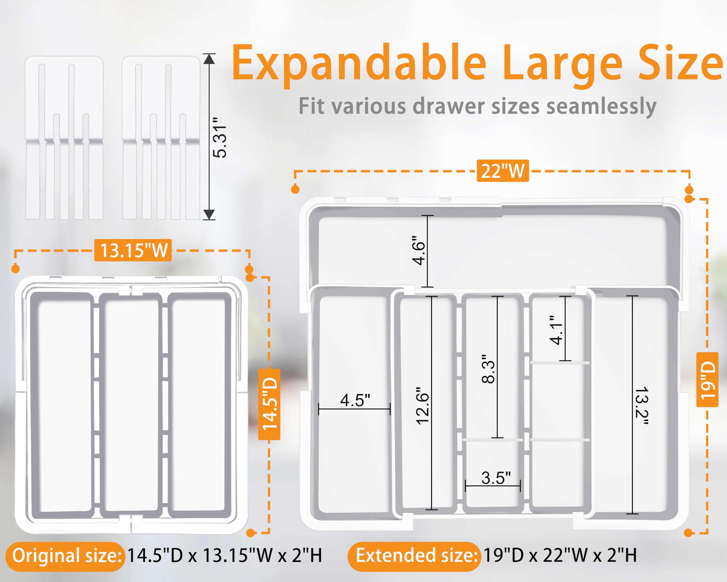 Homecor Kitchen Utensil Drawer Organizer, Large 22"x 19" Expandable Silverware Organizer with Removable Knife Block, Utensil Holder and Cutlery Tray, Kitchen Spatula Tools and Gadgets Storage, White