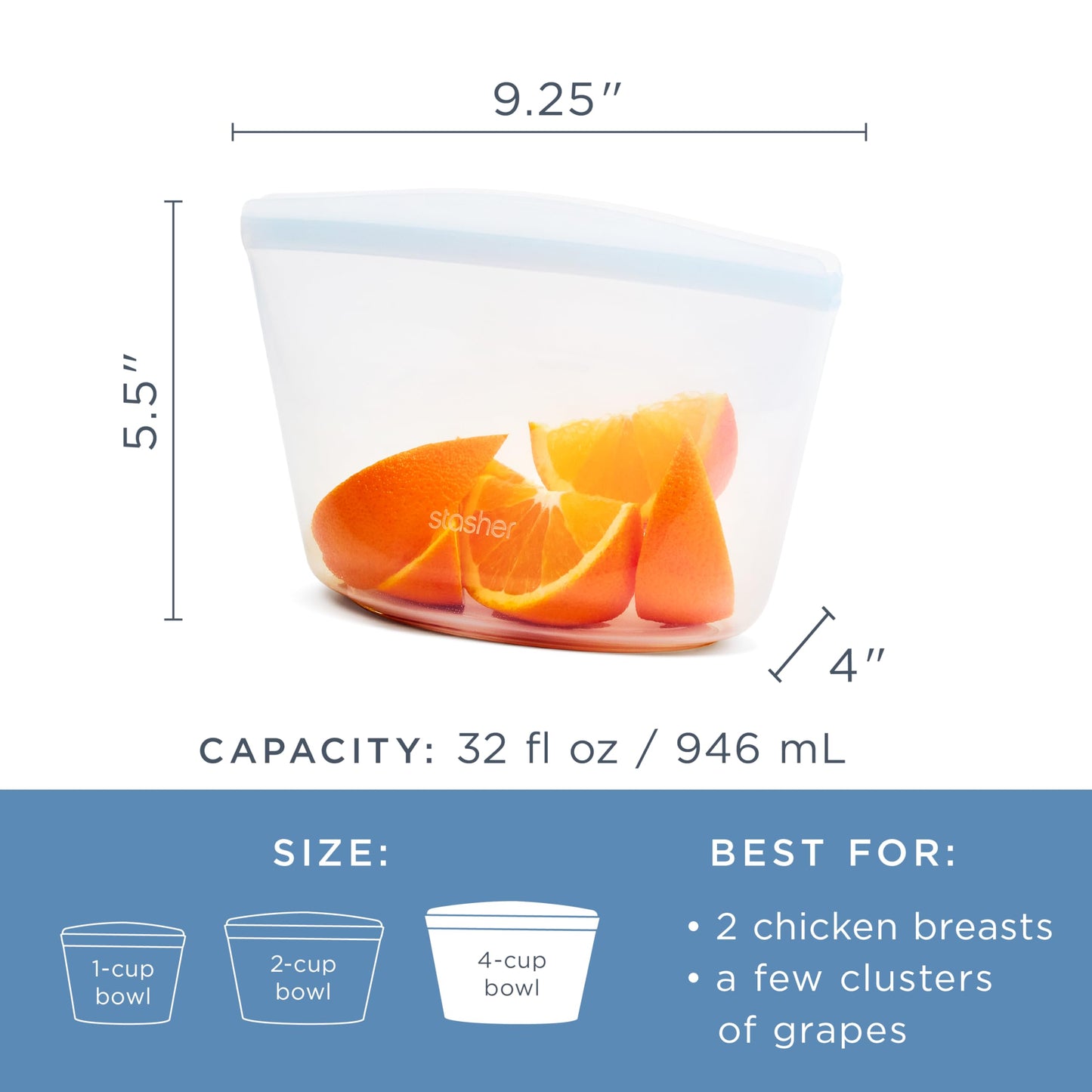 Stasher Silicone Reusable Storage Bag, 4-Cup Bowl, Reusable Snack Bag, Microwave, Dishwasher, Oven Safe, Sous Vide, Premium Lunch Container, Eco Friendly, Food Storage Bag, Freezer Bag, 32 oz, Clear