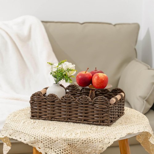 CubesLand Wicker Floating Shelves Baskets - Scalloped Edge Toilet Paper Organizer | Brown Rattan with Wood Handle