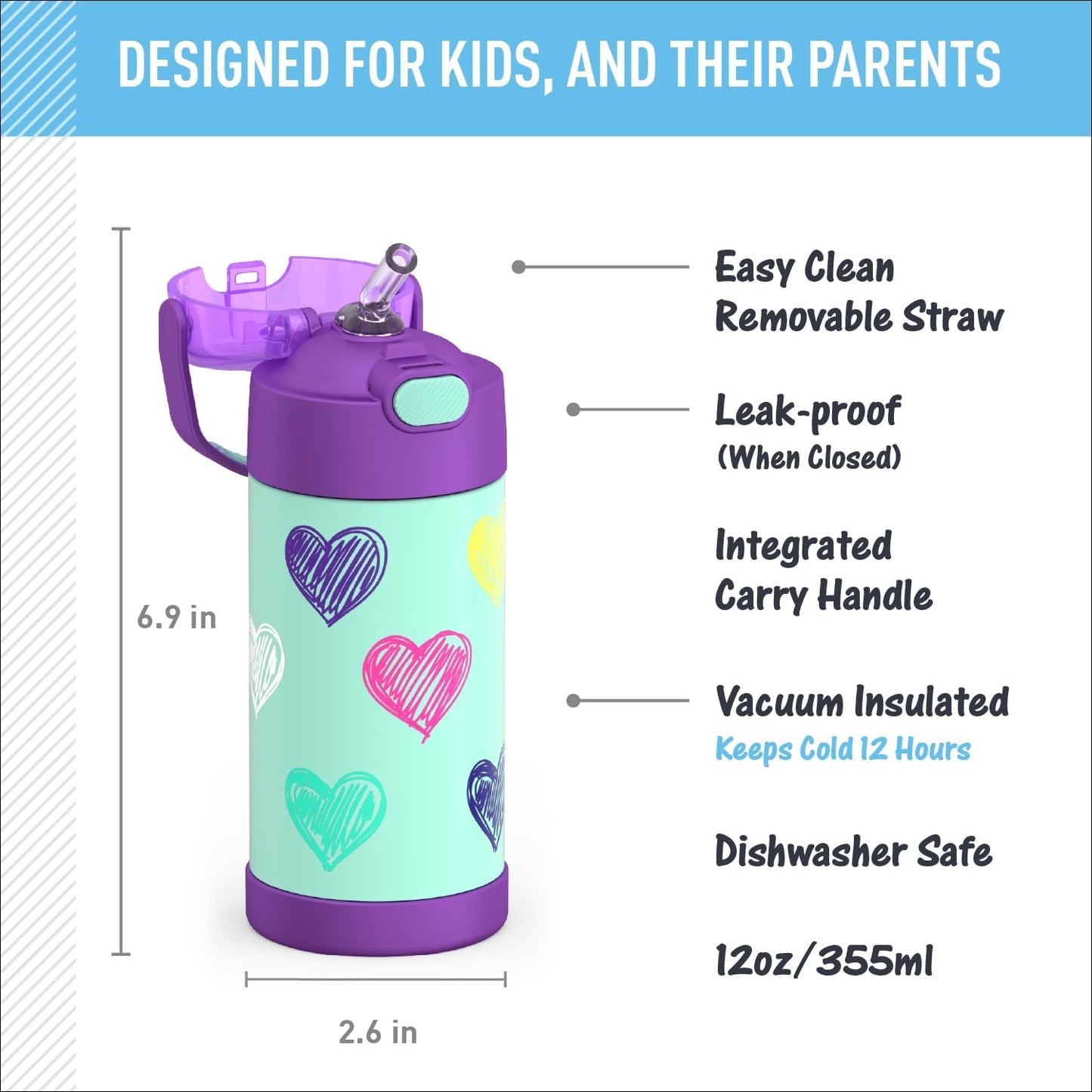 THERMOS FUNTAINER Water Bottle - 12 Ounce Kids Stainless Steel Vacuum Insulated with Straw | Hearts Design