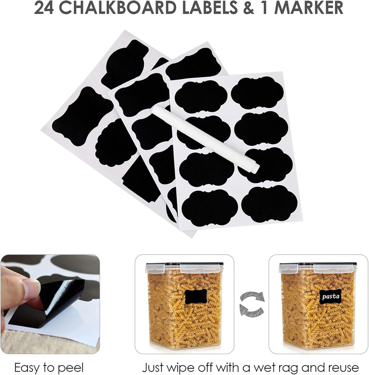 Vtopmart Airtight Food Storage Containers - 5.2L BPA-Free Plastic Canisters with Lids, 4 Measuring Cups & Labels | Black