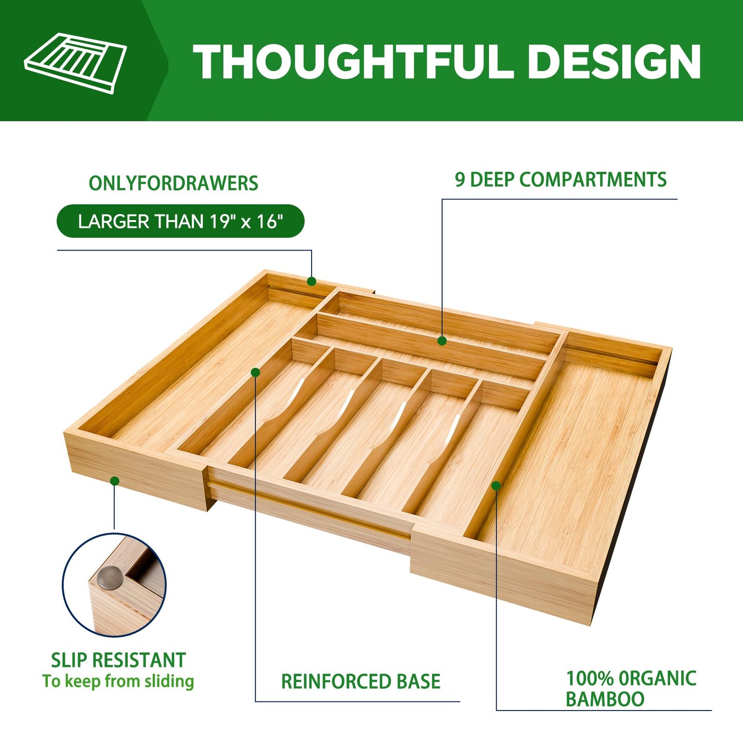Simple Trending Bamboo Kitchen Drawer Organizer, Expandable Silverware Organizer, Utensil Cutlery Tray for Flatware, Natural