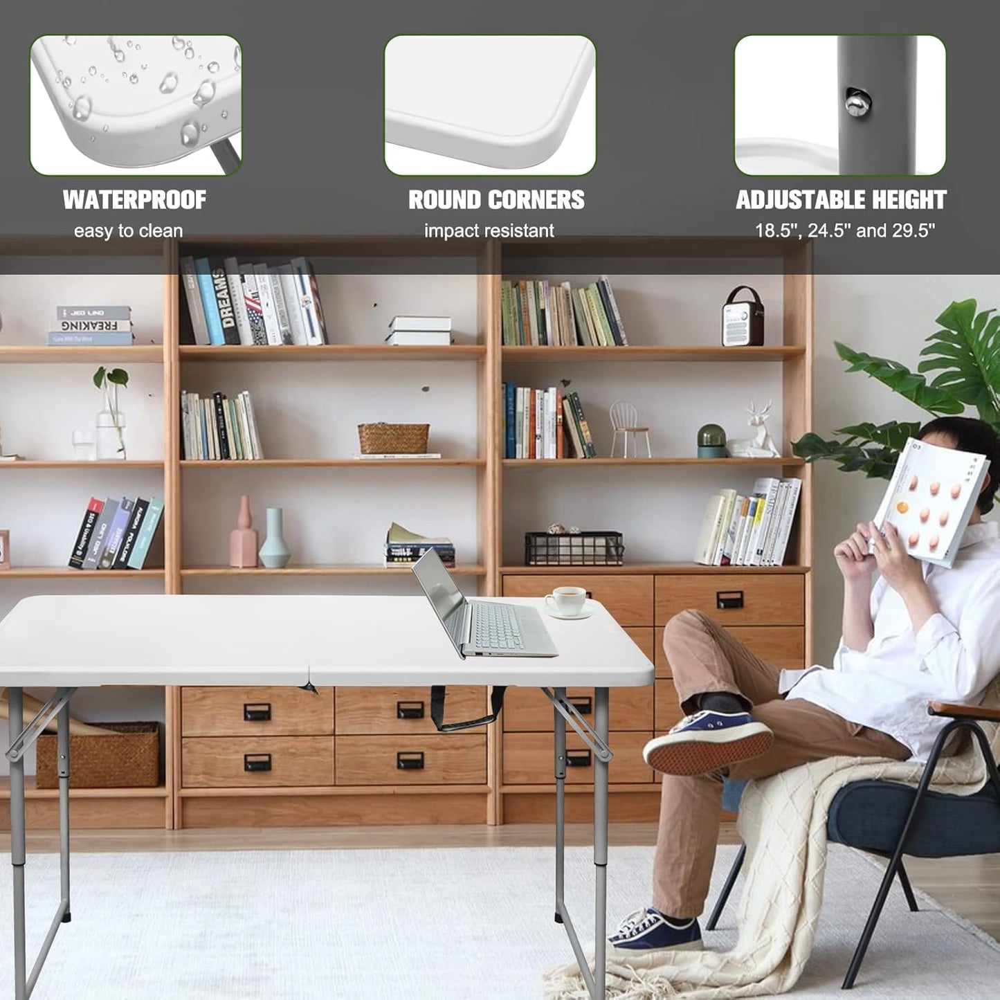 Byliable Folding Table - 4 Foot Portable Heavy Duty Utility Table | Adjustable Height, White, Ideal for Indoor & Outdoor Use