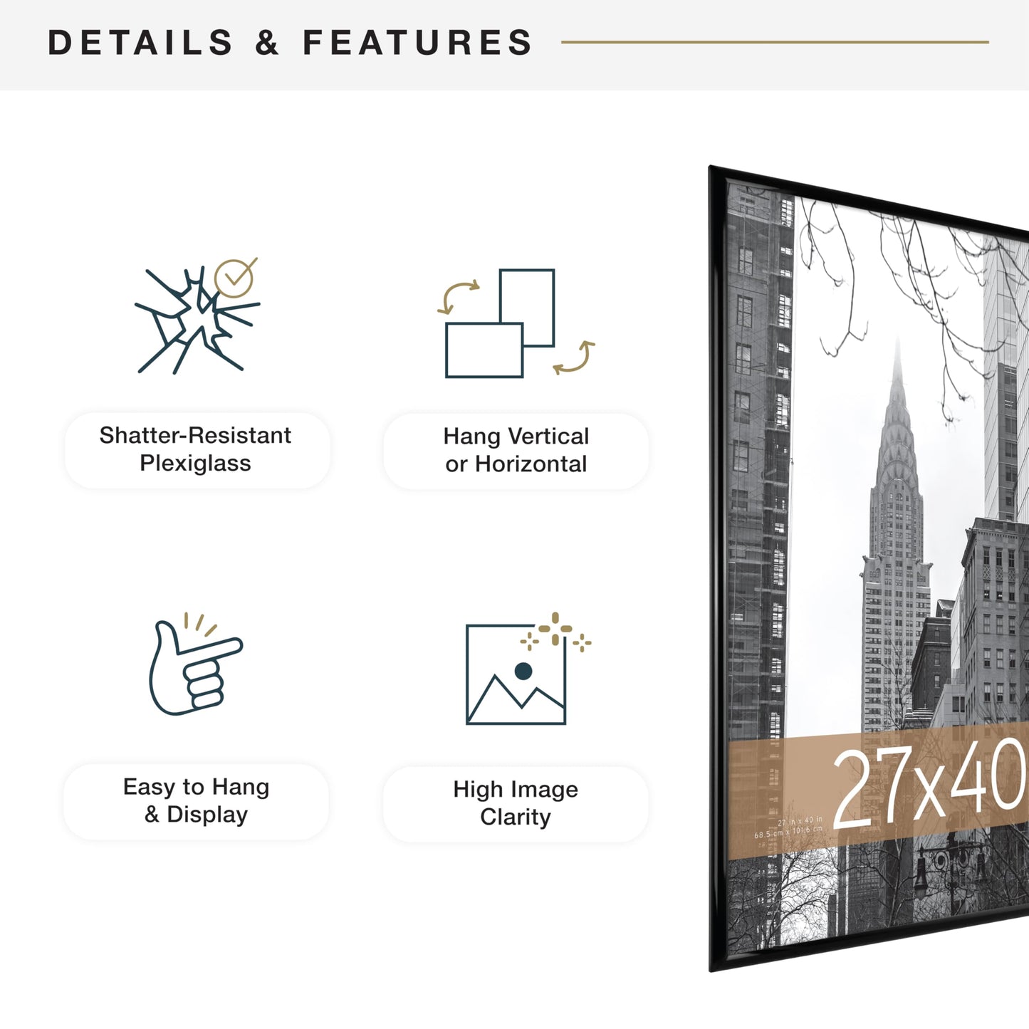 MCS Trendsetter 27x40 Poster Frame Black High-Gloss, Vertical & Horizontal Wall Hanging Large Picture Frame for Photos, Posters & Art Prints (2-Pack)