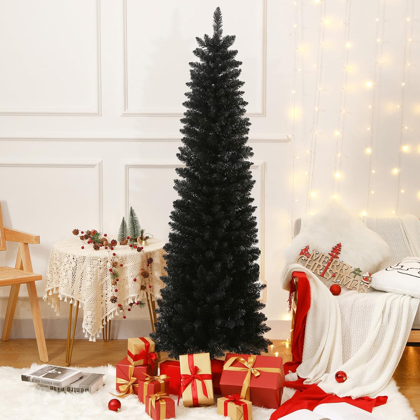 658 Tips Artificial Pencil Christmas Tree Halloween Tree, 6ft Pure Black Skinny Xmas Tree with Metal Stand Perfect for Christmas/Halloween/Easter/Parties/Holiday Indoor Outdoor Decoration