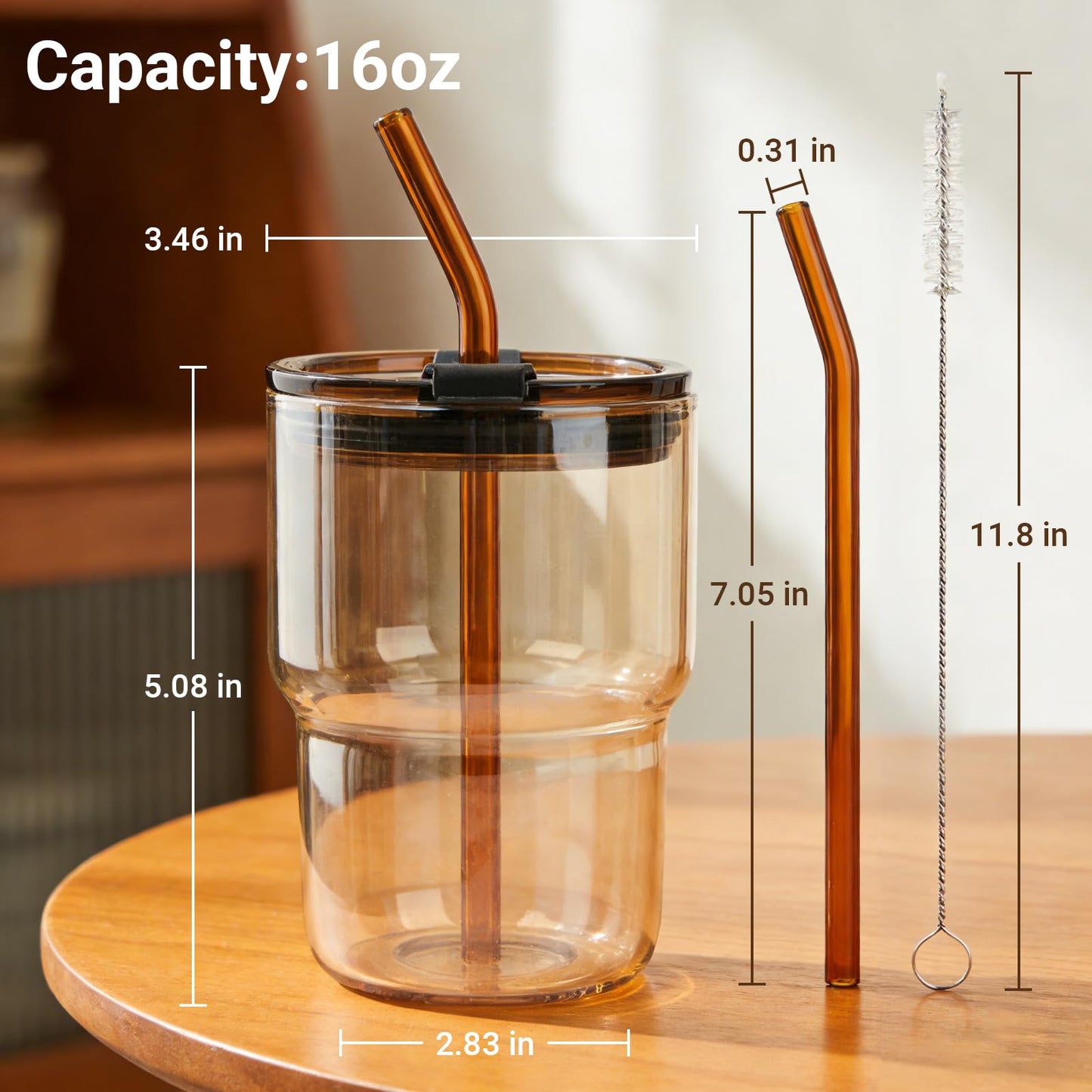 Luxfuel 16 oz Glass Tumbler with Lid & Straw, Reusable Iced Coffee Cup & Smoothie Cup, Leak-Proof Borosilicate Glass for Coffee, Iced Tea, Water – 2 Pack, Ideal for Office, Home & Travel, Amber
