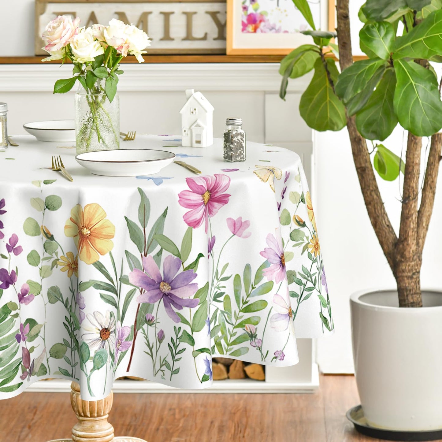 Horaldaily Spring Tablecloth 70×70 Inch Round, Wildflowers Floral Butterfly Washable Table Cover for Party Picnic Dinner Decor