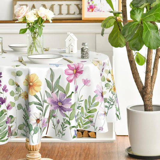 Horaldaily Spring Tablecloth 70×70 Inch Round, Wildflowers Floral Butterfly Washable Table Cover for Party Picnic Dinner Decor