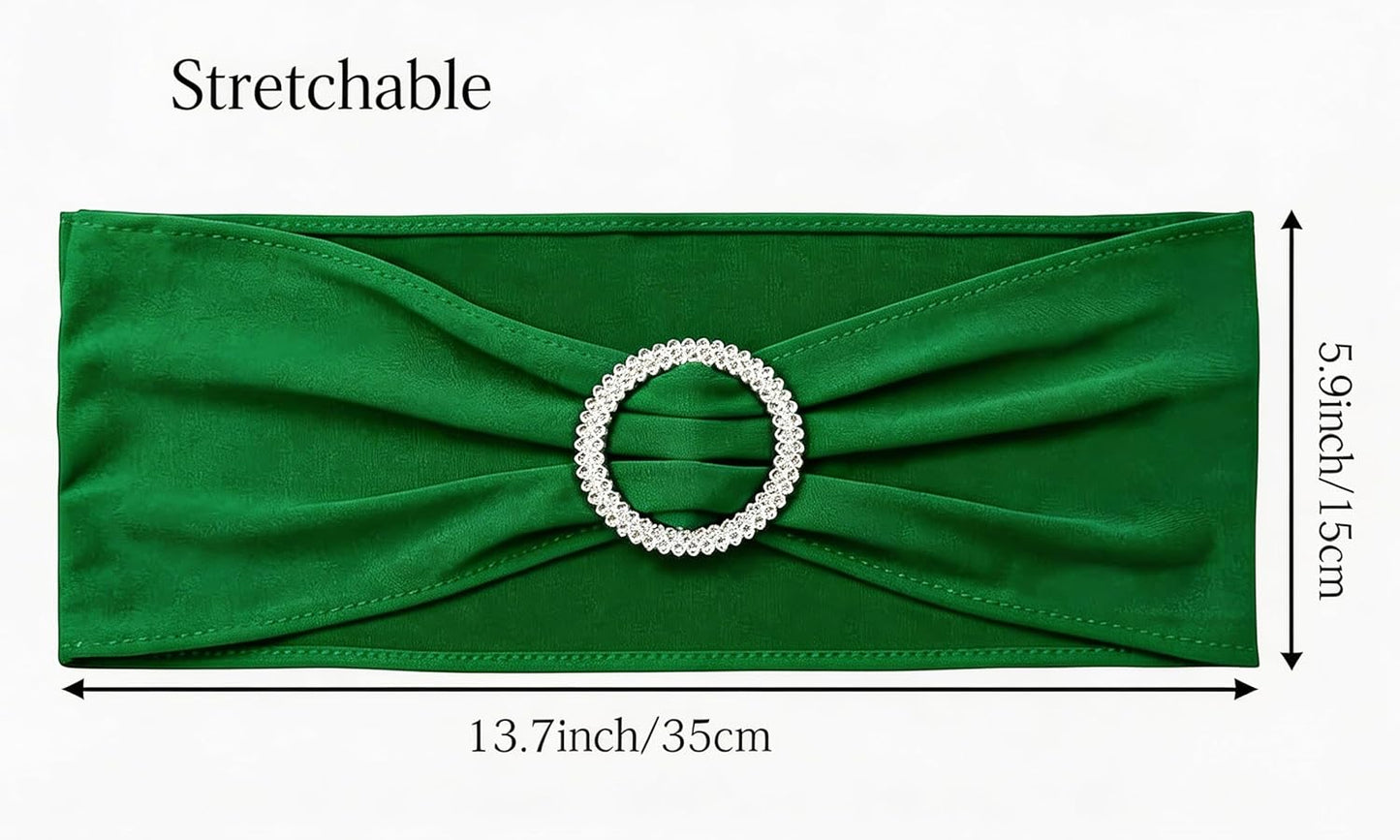 Skiennix 50 Pack Dark Green Spandex Chair Sashes - Adjustable Slider Buckles for Weddings & Events