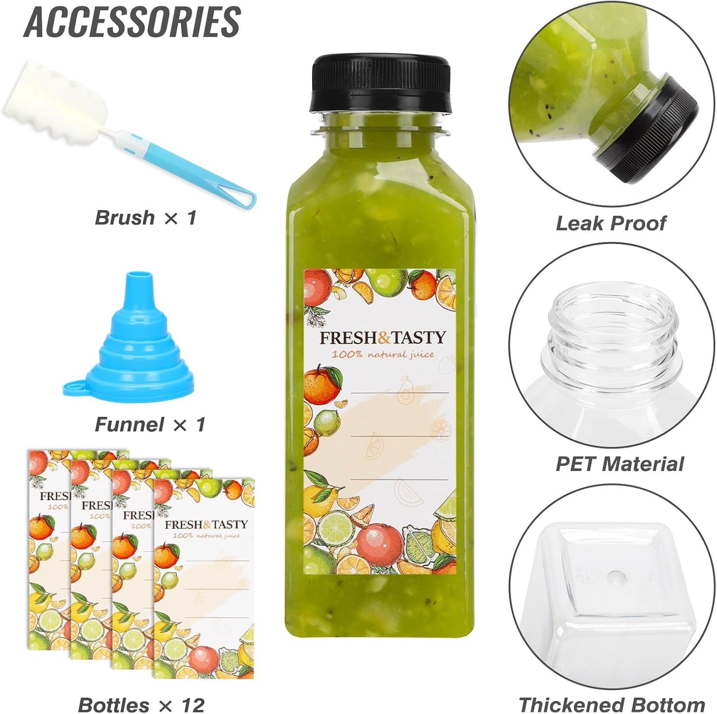 TOMNK 12oz Reusable Juice Bottles - 12pcs Plastic Containers with Caps, Labels, Funnel & Brush