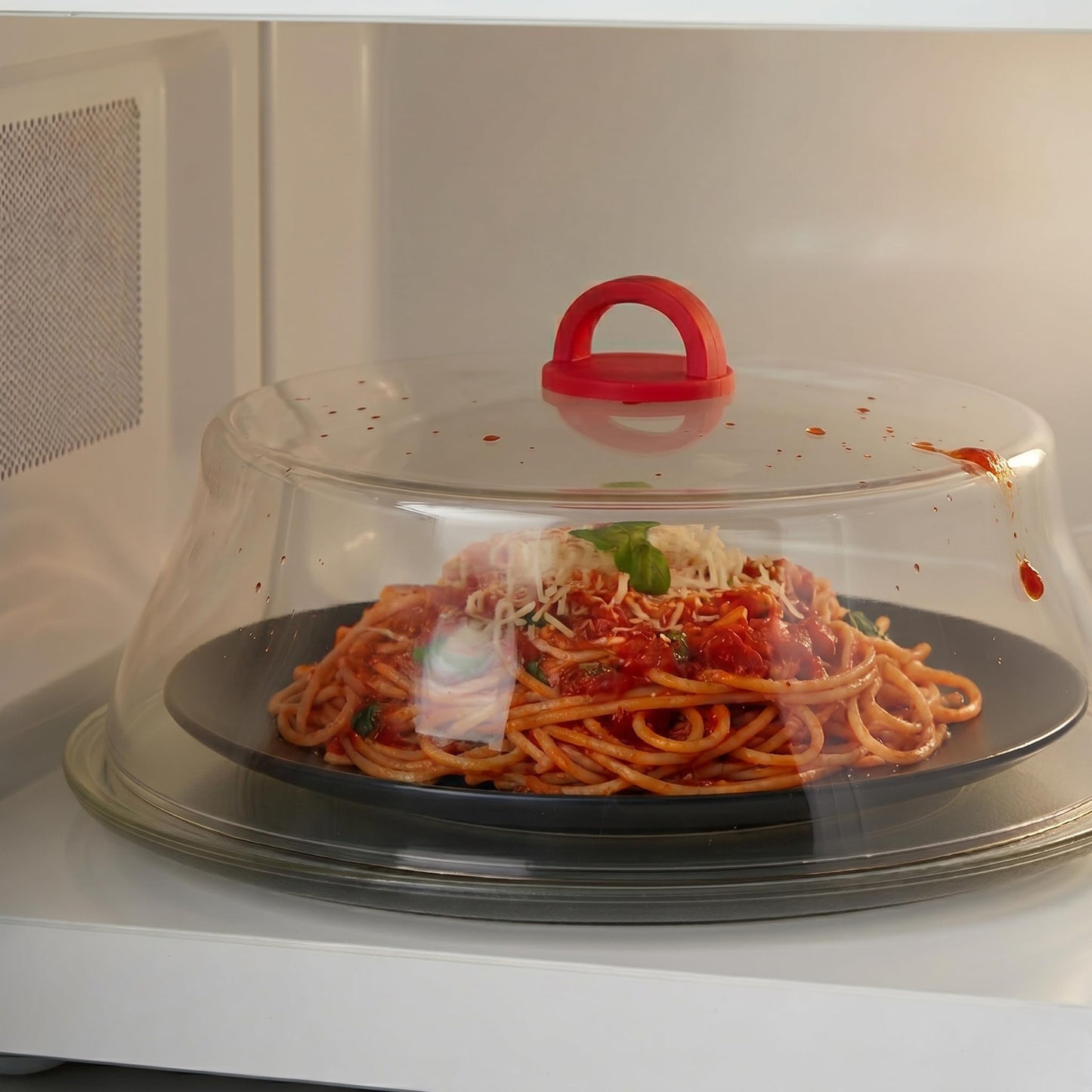 10 Inch Microwave Tempered Borosilicate Glass Plate Cover with Red Easy-Grip Silicone Handle - Unvented to Steam Food -Microwaveable/Oven/Stove Safe - Red Silicone Handle for Safe Easy Grip