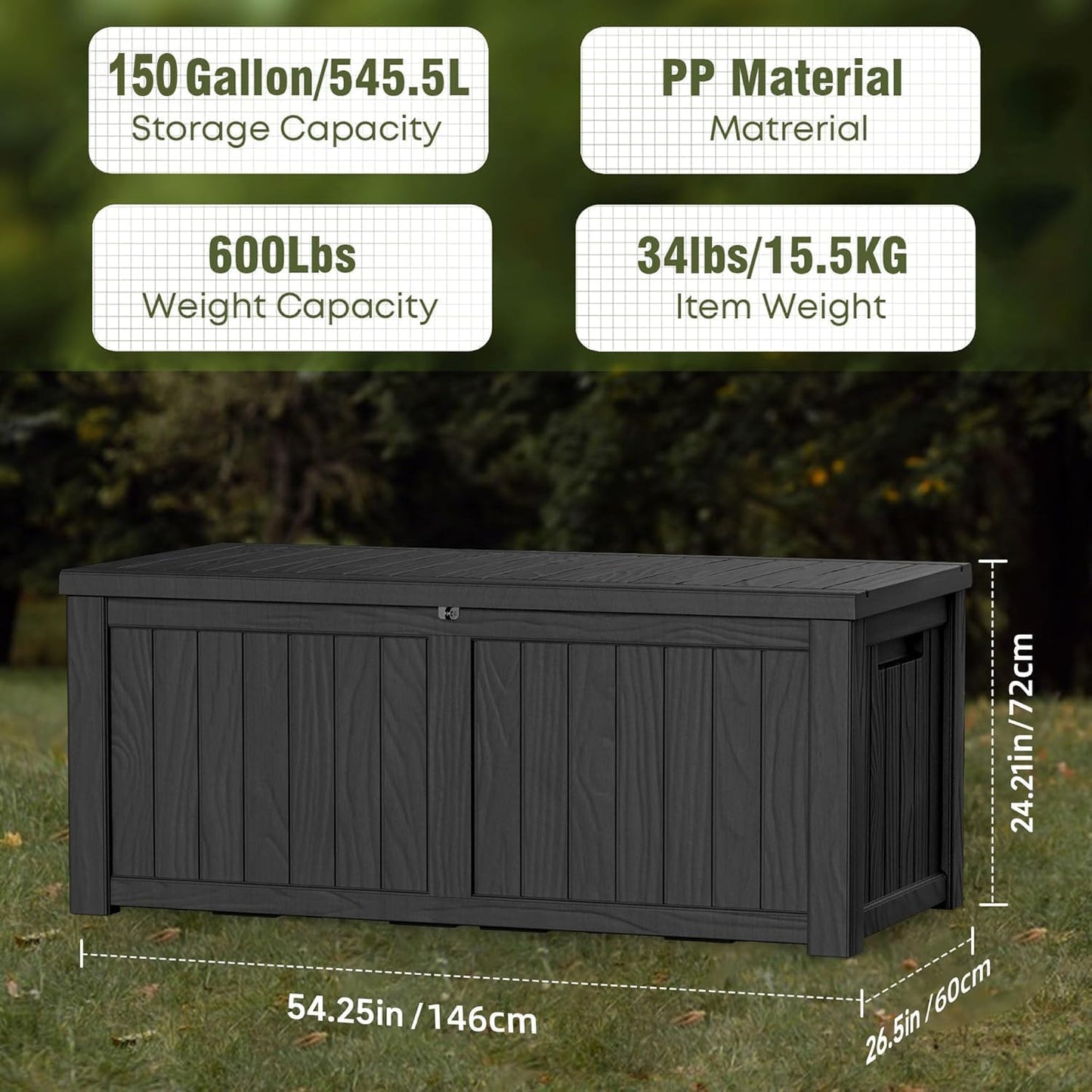 Skiennix 150 Gallon Outdoor Deck Box - Lockable Waterproof Storage for Garden Tools & Cushions | Black