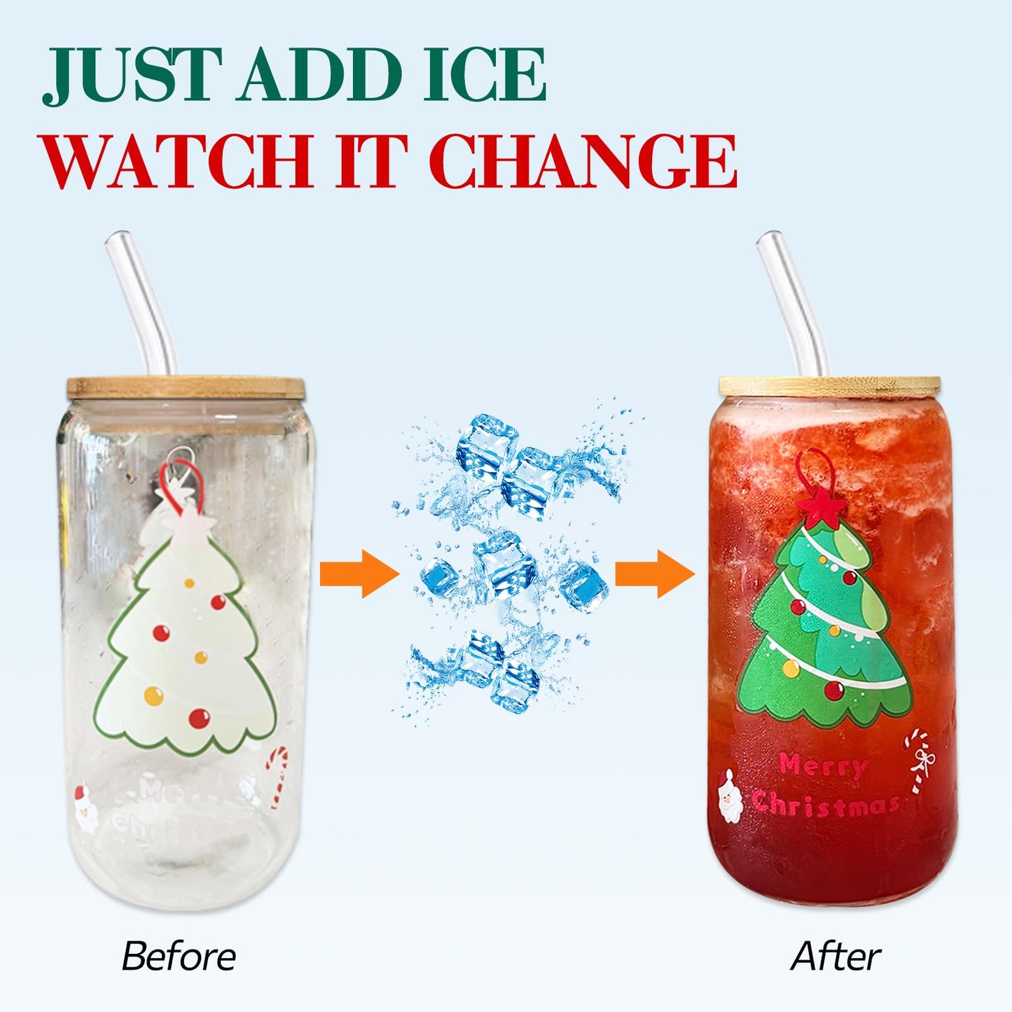 anabox Color Changing Glass Cups with Bamboo Lids and Straws, 16oz Glass Tumbler for Ice Coffee Milk Tea Juice Christmas Cups gift (Xmas 1PCS)