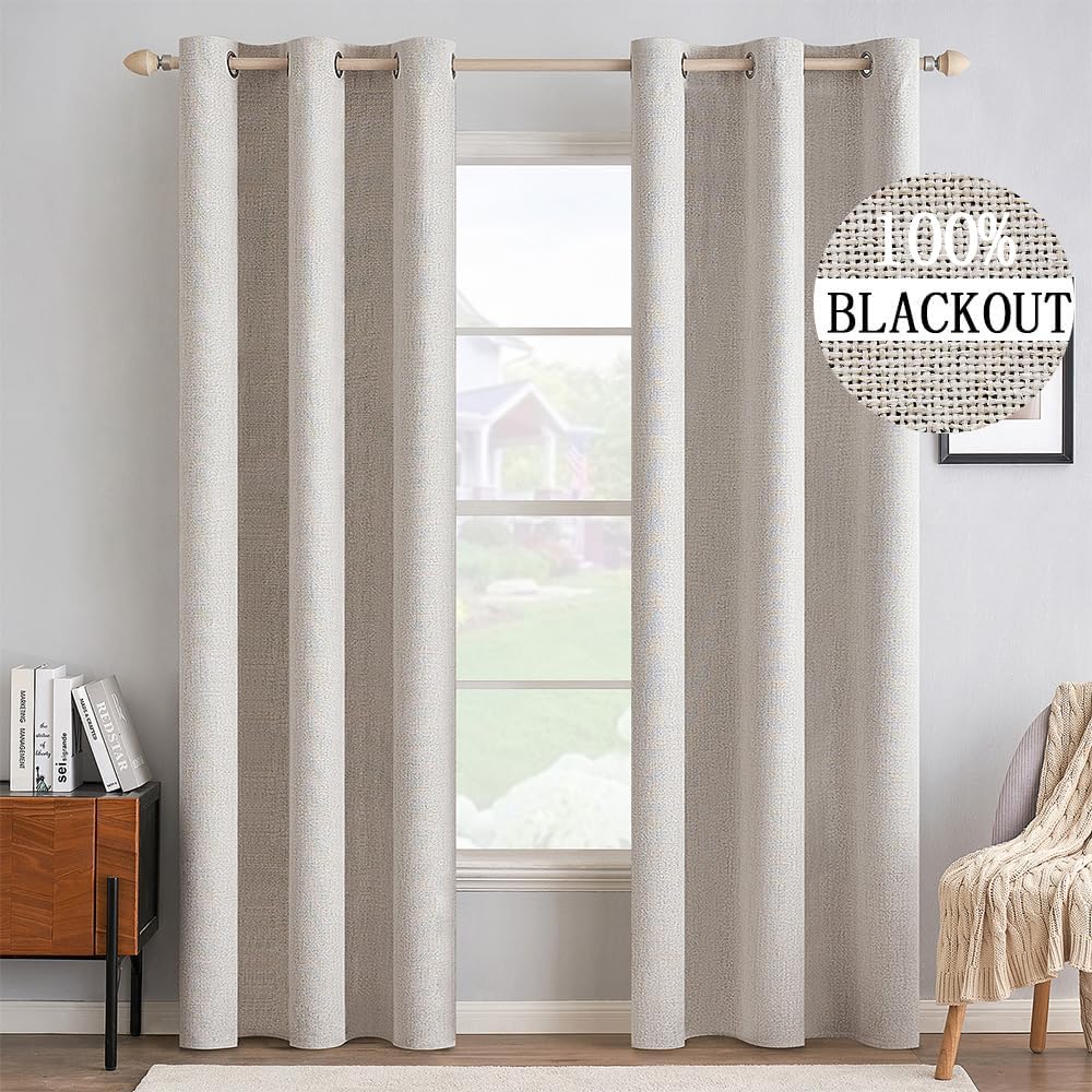 MIULEE 100% Blackout Linen Textured Curtains - Solid Thermal Insulated Ivory Drapes | 42 x 84 Inch (2 Panels)