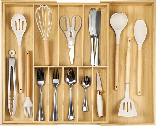 Fabsome Bamboo Silverware Organizer - Expandable Flatware Tray for Large Kitchen Drawers | 16.7'' to 30'' Wide